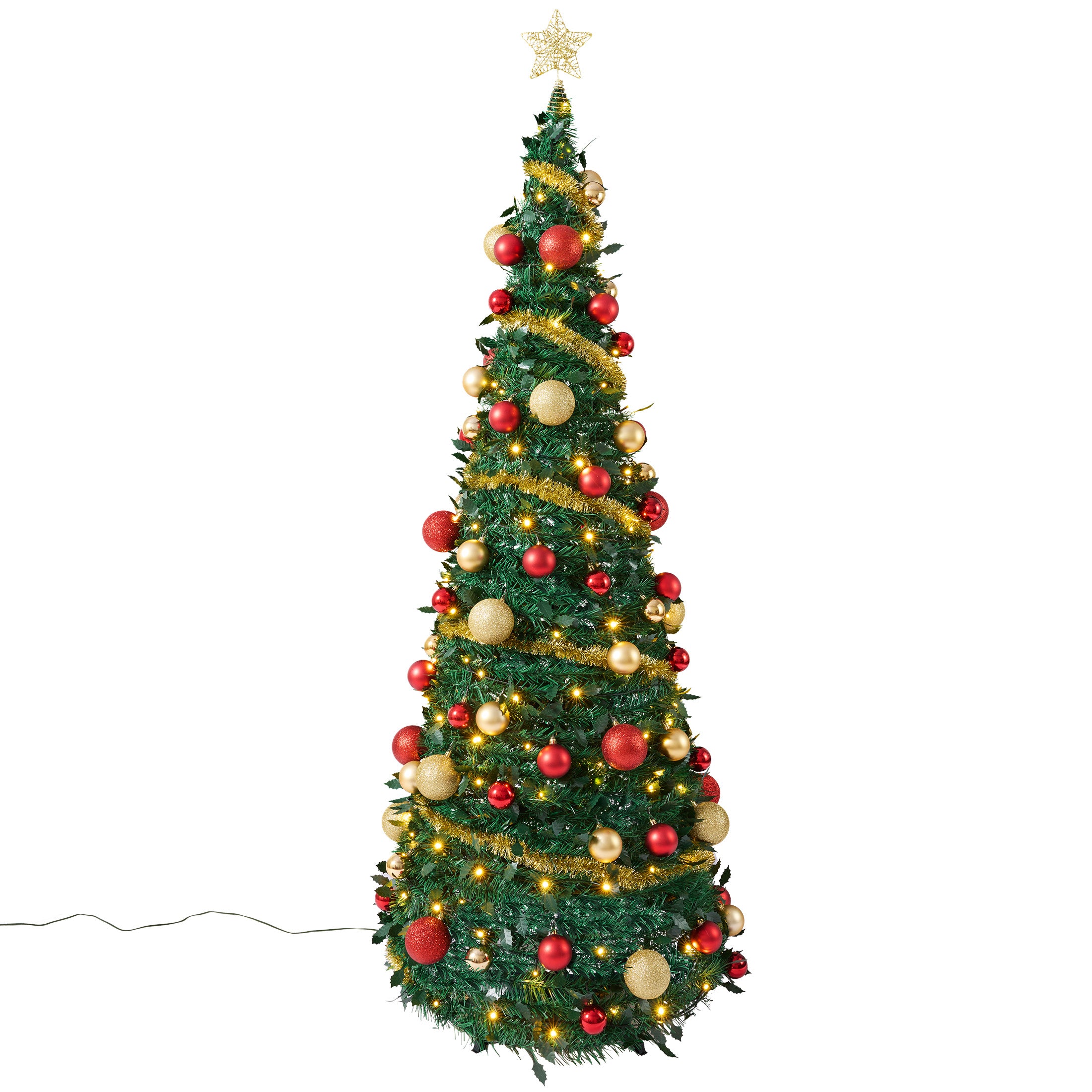 VeriNatural 6FT Pop Up Christmas Tree with 150 Warm White LED Lights & 90 Red Gold Ornaments, Pre-Lit Collapsible Artificial Xmas Tree for Easy Holiday Setup