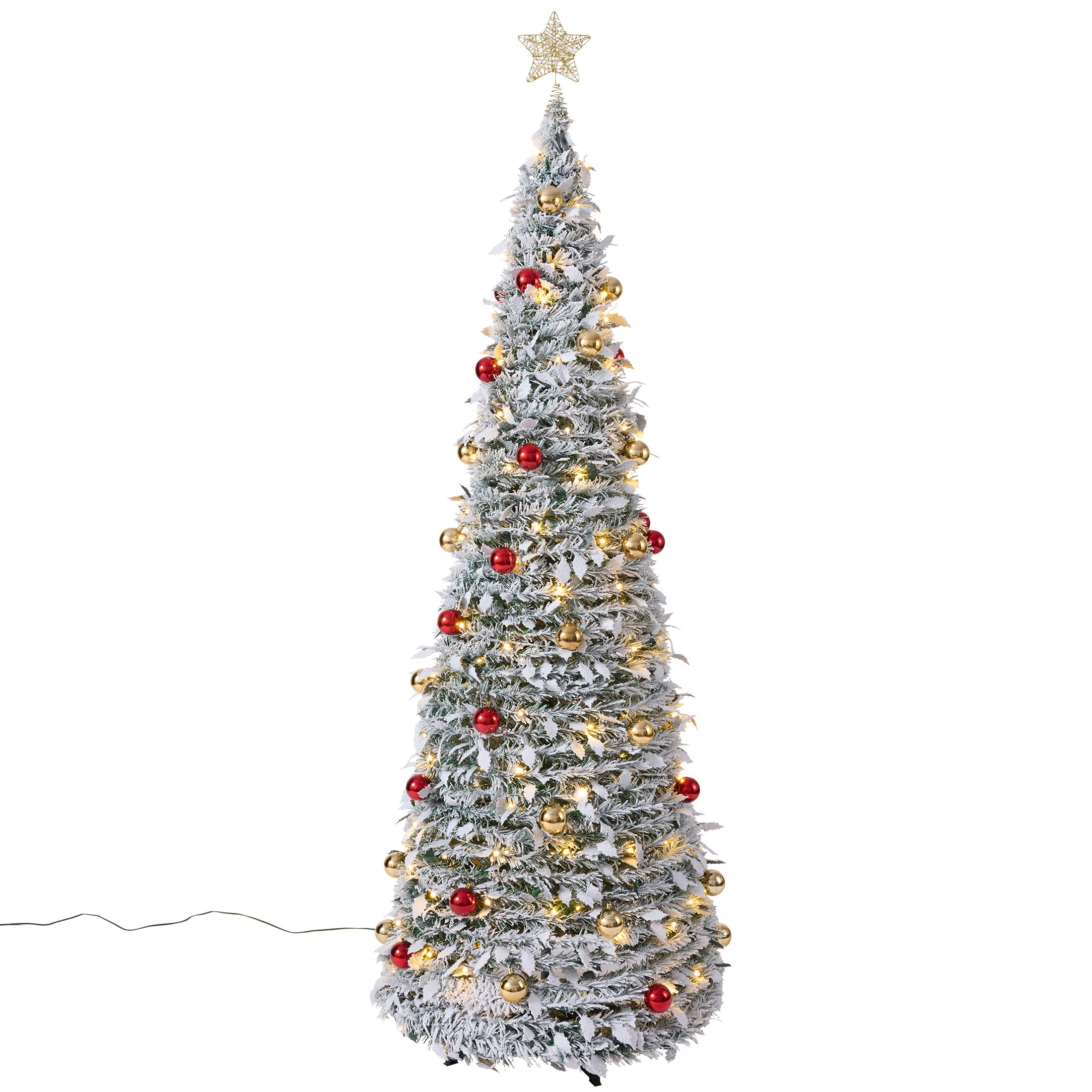 VeriNatural 6FT Snow Flocked Pop Up Christmas Tree, Pre-Lit Foldable Artificial Xmas Tree with 150 Warm White LED Lights, Star Topper & 50 Ornaments, Pre-Decorated Holiday Tree for Home & Office Decor