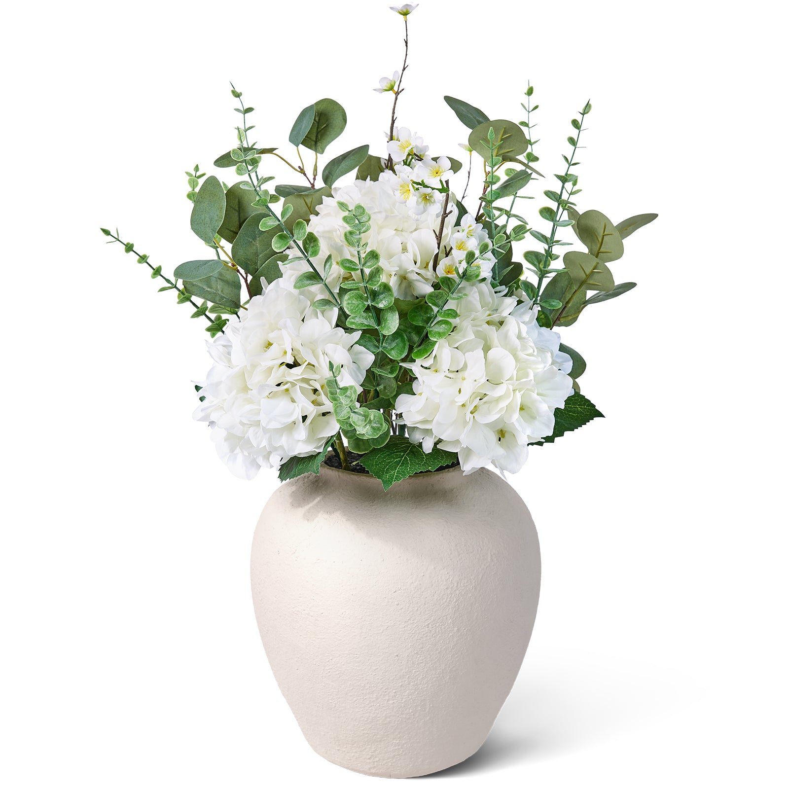 VeriNatural 24" Faux Hydrangea Arrangement with Eucalyptus Greenery – Large Artificial Floral Centerpiece in MgO Vase for Dining Table, Coffee Table & Modern Farmhouse Home Decor