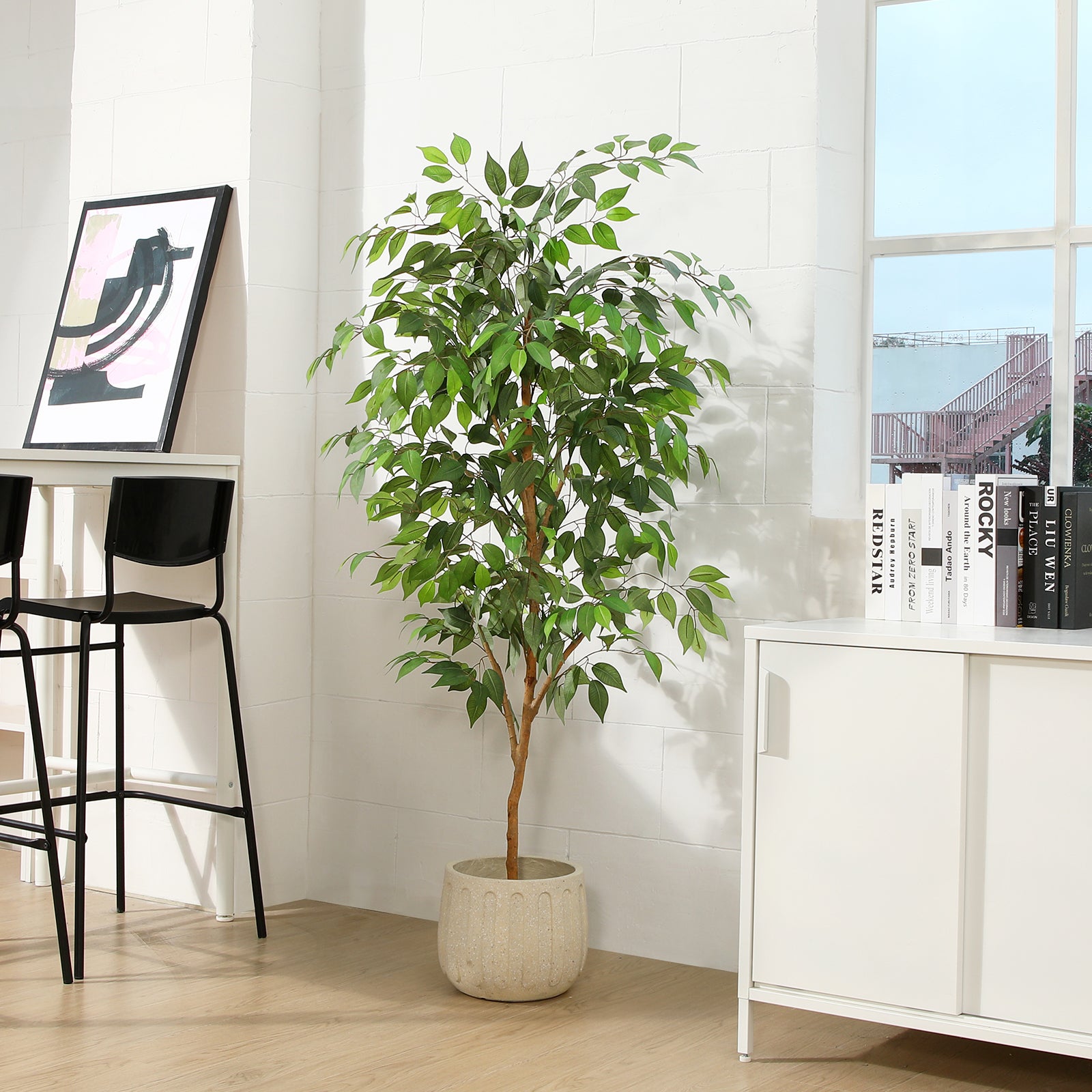 Fopamtri Artificial Ficus Plant 150 cm Large Fake Plants Indoor with Natural Wood Trunk, Fake Potted Ficus Tree for Home Bedroom Office Balcony Garden Decorations (1 Pack)