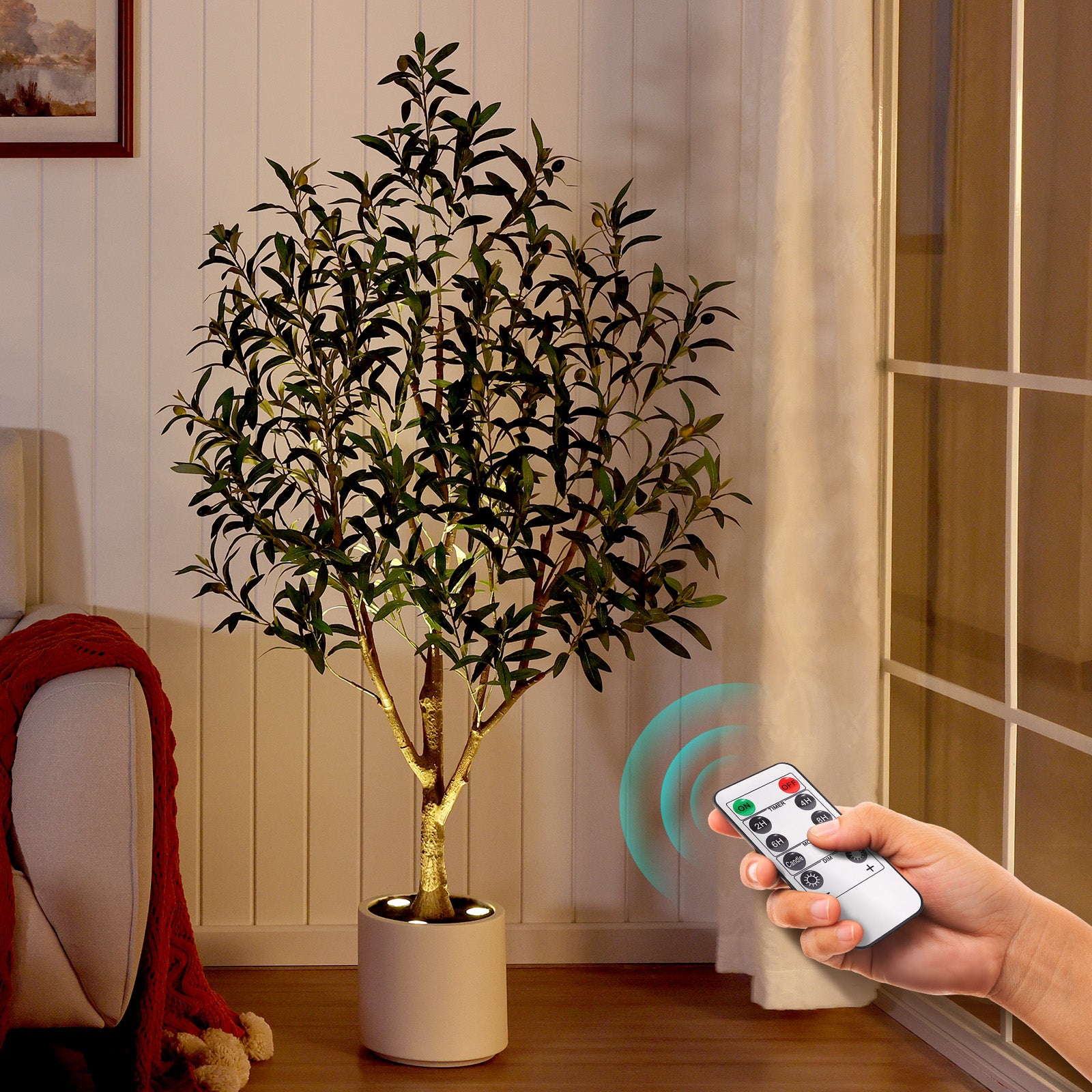 VeriNatural 5FT Artificial Olive Tree with Remote LED Spotlights β Realistic Faux Olive Tree in White Planter for Indoor Home, Living Room, Bedroom & Office Decor (VN214)