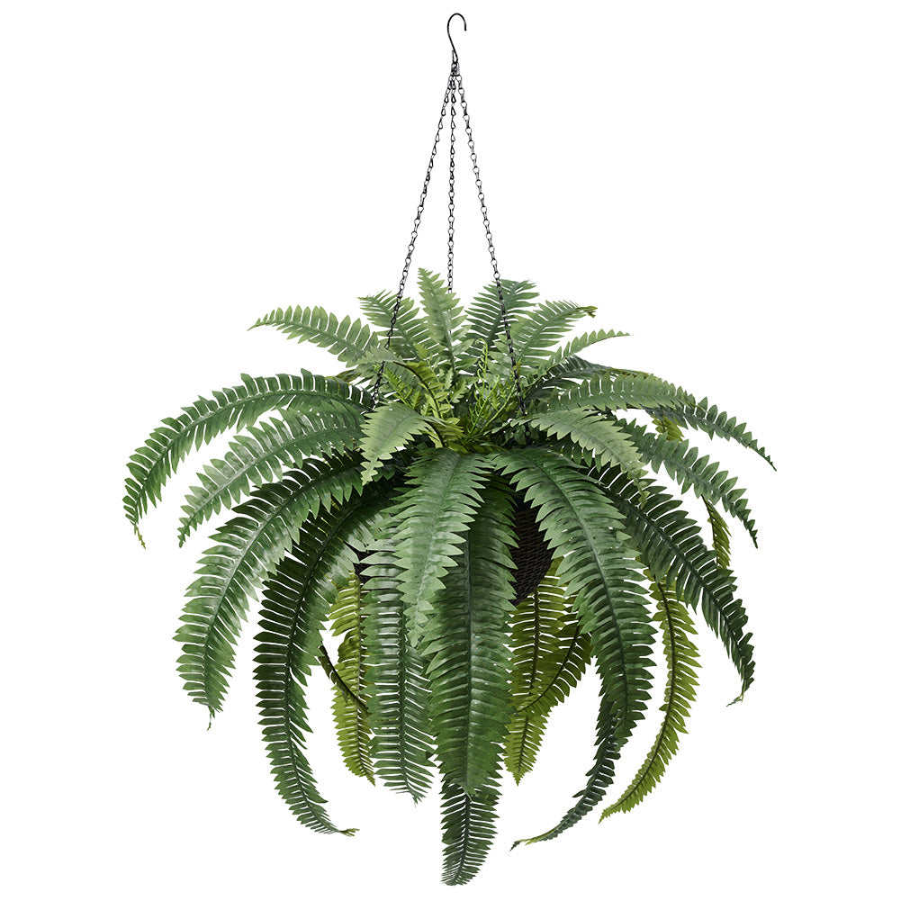 VeriNatural 33 Fronds UV Resistant Artificial Boston Fern Bush with Hanging Planter for Indoor & Outdoor (1/2-Pack)(VN142)