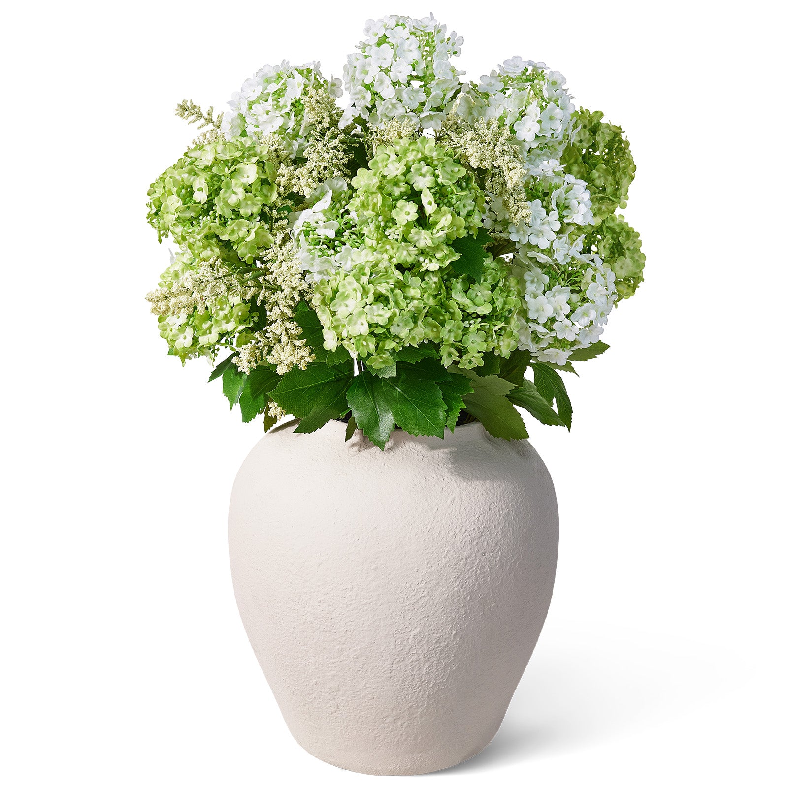 VeriNatural 24” Artificial Hydrangea Bouquet in Textured MgO Vase – Real Touch Faux White & Green Hydrangea Flowers for Wedding, Party & Elegant Home Decor