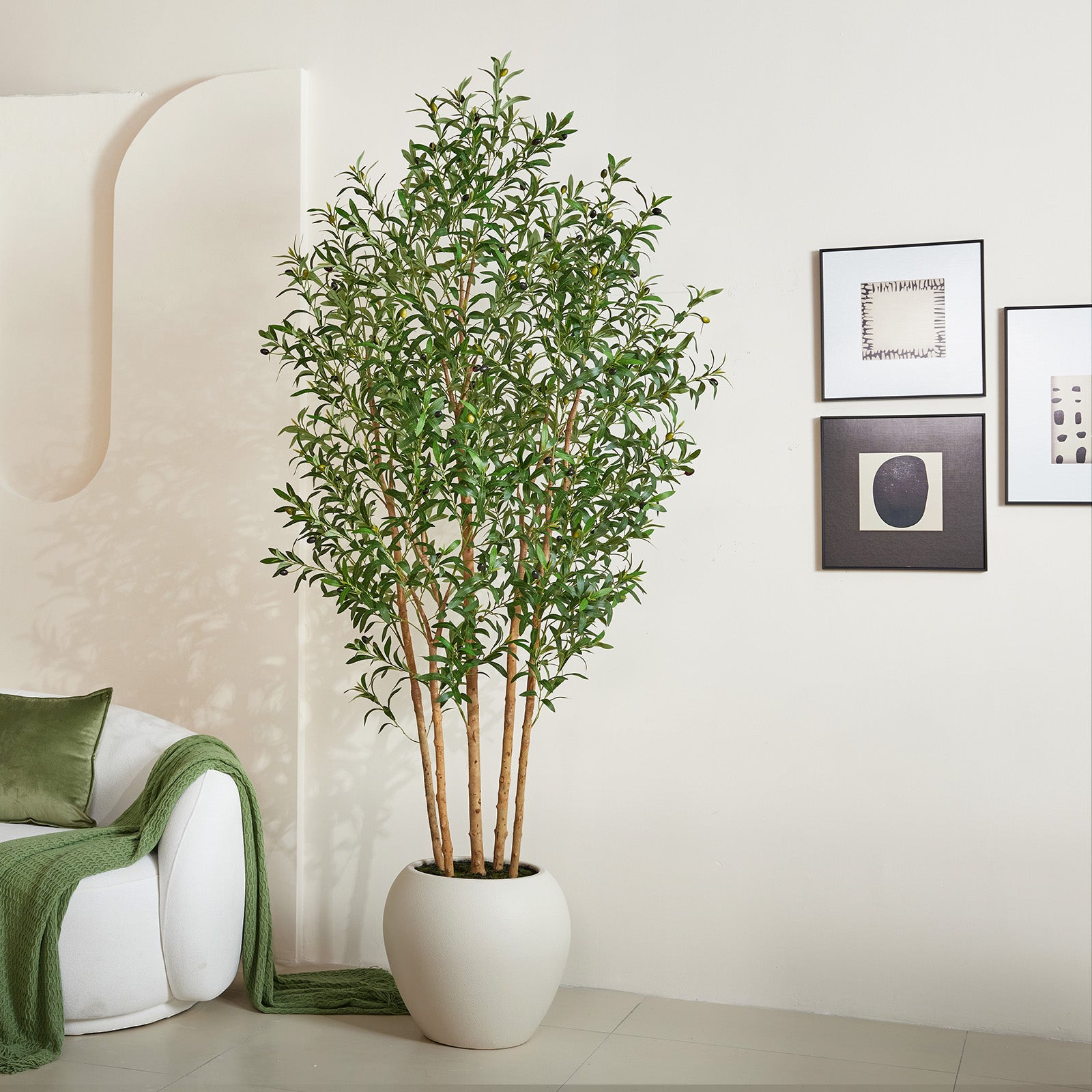 VeriNatural 6/7/8FT Artificial Olive Tree Indoor – Faux Olive Tree with Natural Wood Trunk, Lifelike Fake Plant with White Planter Included, Realistic Artificial Plants for Home, Office & Living Room Decor (VN249)