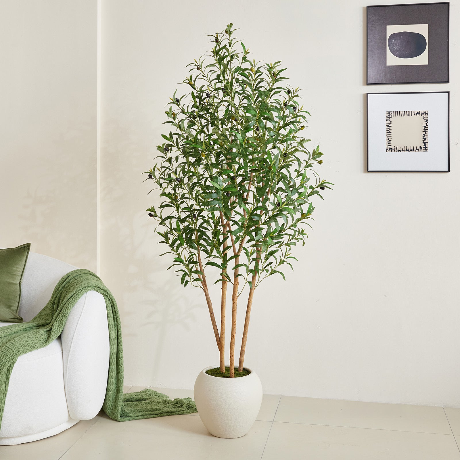 VeriNatural 6/7/8FT Artificial Olive Tree Indoor โ Faux Olive Tree with Natural Wood Trunk, Lifelike Fake Plant with White Planter Included, Realistic Artificial Plants for Home, Office & Living Room Decor (VN249)