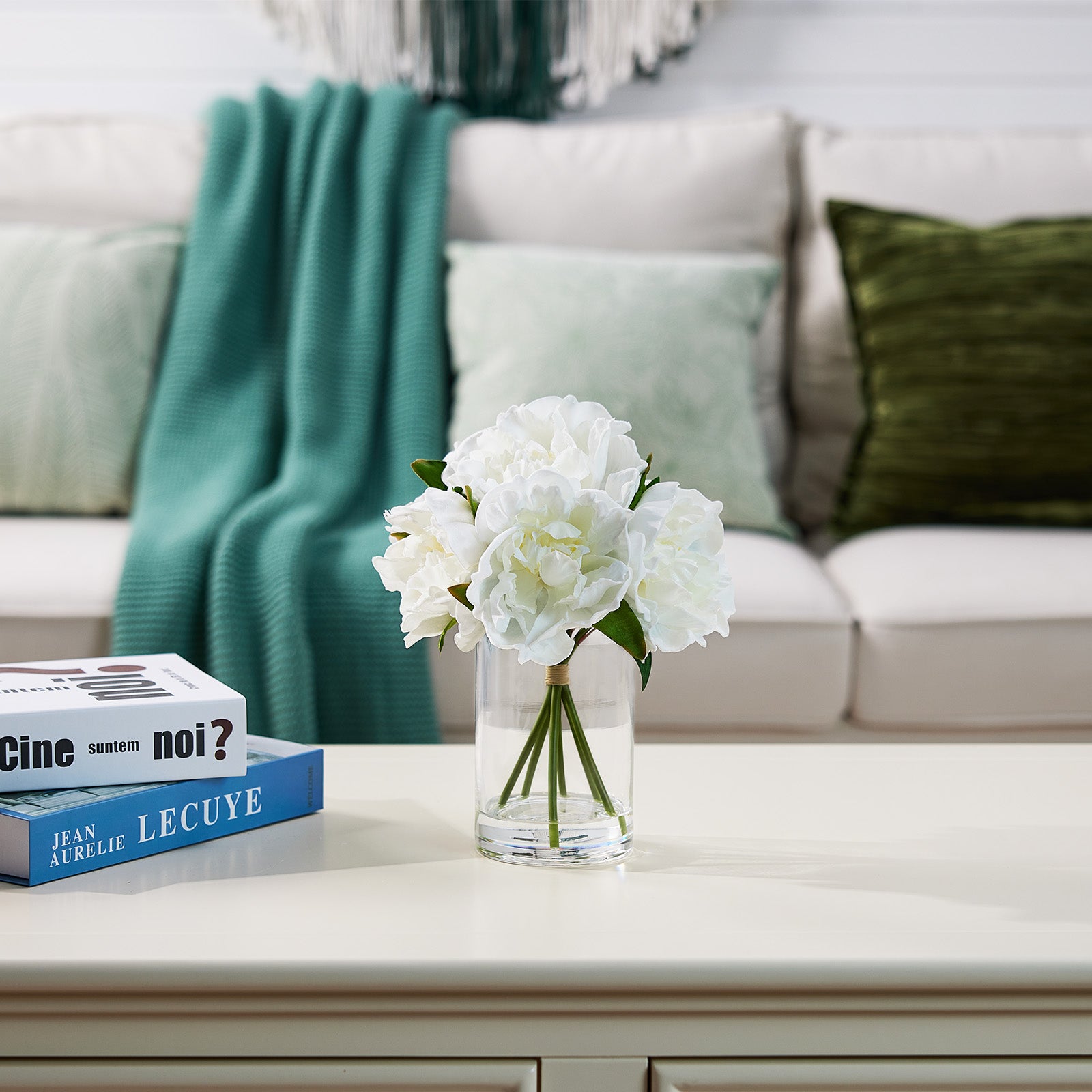 VeriNatural Pink or White Peony Bouquet – 6 Stems, 6 Realistic Blooms in Cylinder Vase with Faux Water, 10.6" Tall Home & Office Decor