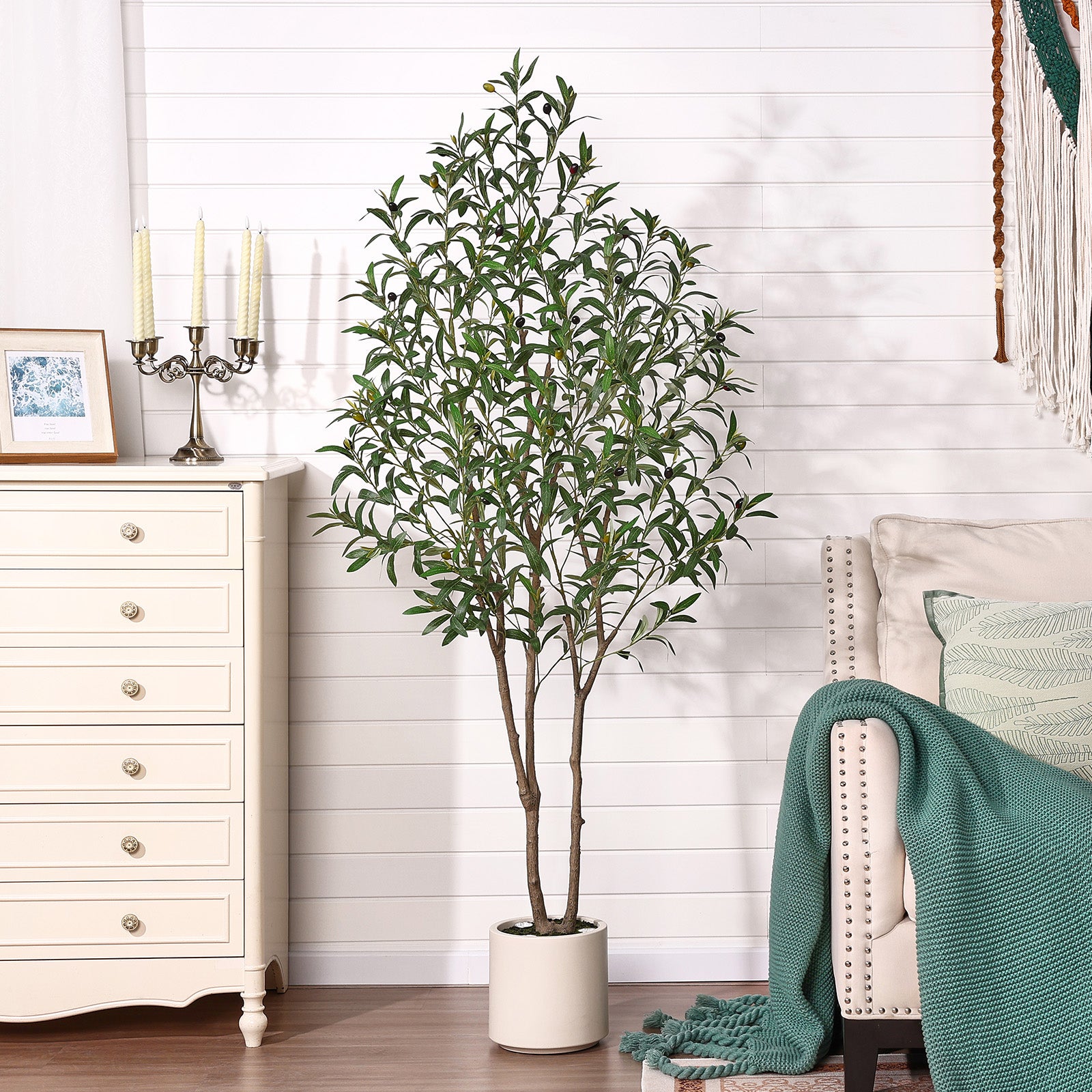 Verinatural 5/6FT Artificial Olive Tree with LED Spotlights, Lifelike Faux Indoor Tree, White Planter, Home Office Floor Decor, VN214