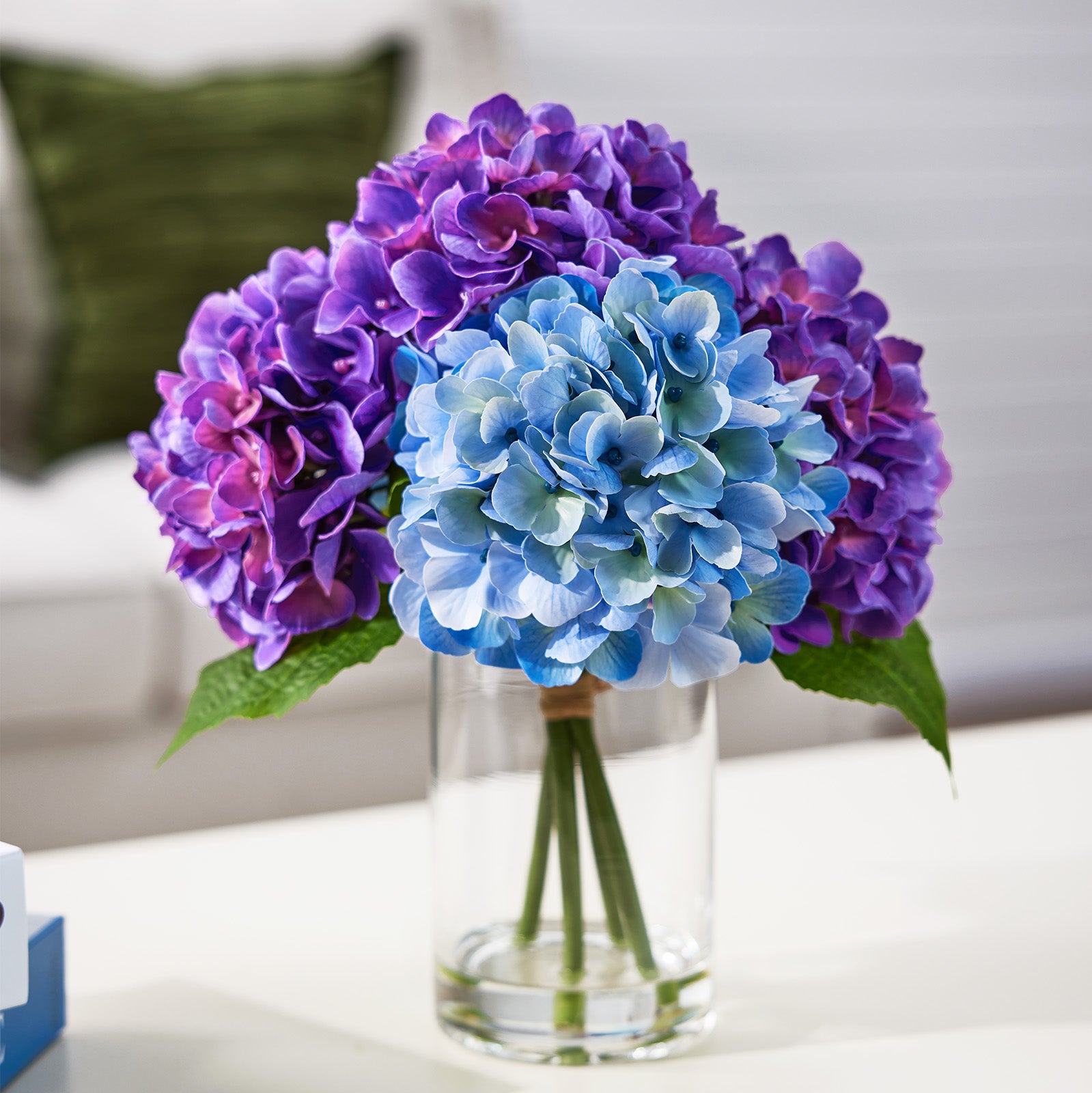 VeriNatural Pink&Red / Purple&Blue/White Faux Hydrangea Arrangement in Glass Vase for Home Decor