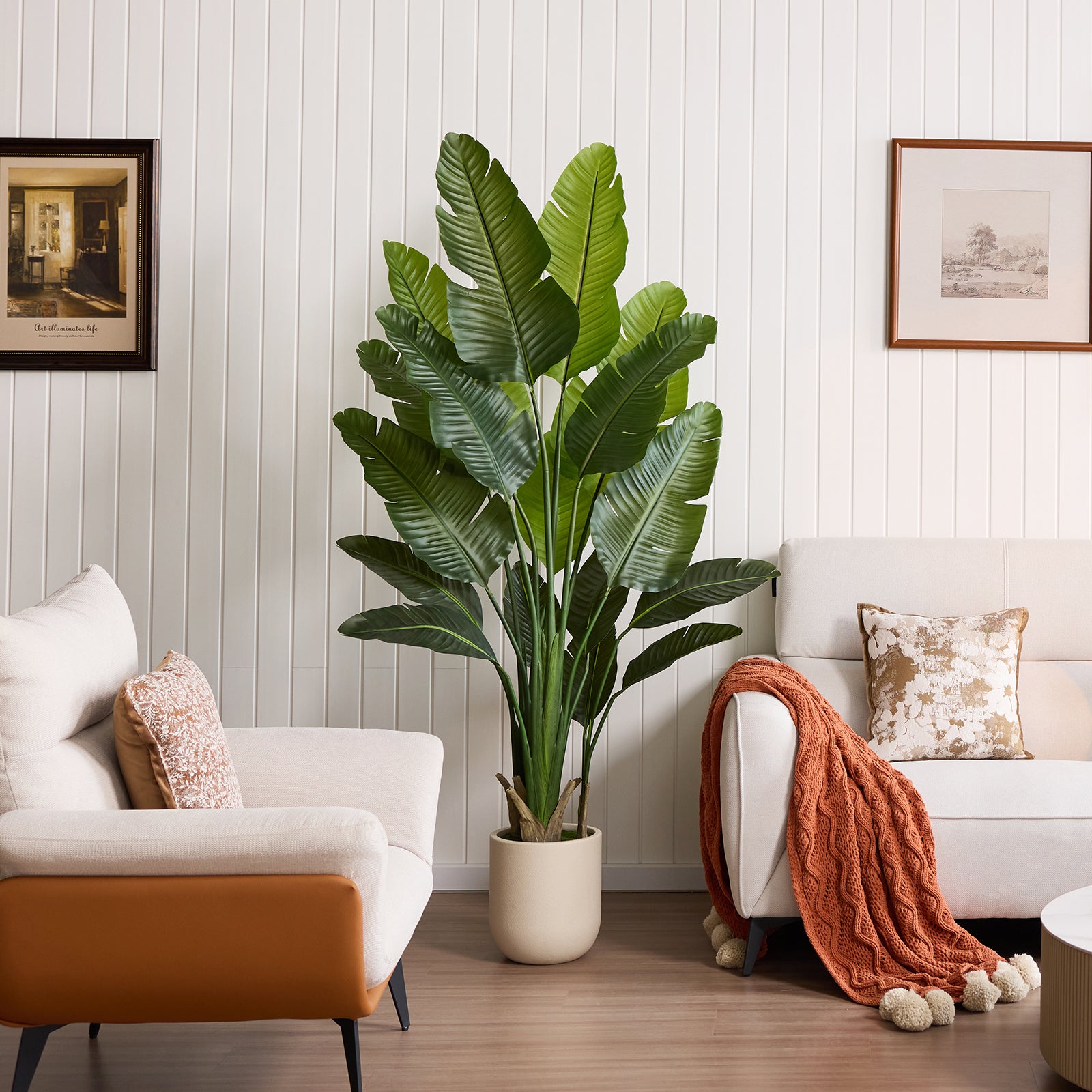 VeriNatural 6/7/8FT Artificial Bird of Paradise Tree Indoor, Large Faux Tropical Palm Plant with Realistic Trunks & White Planter, Tall Fake Palm Tree for Living Room, Office & Home Decor (VN302)