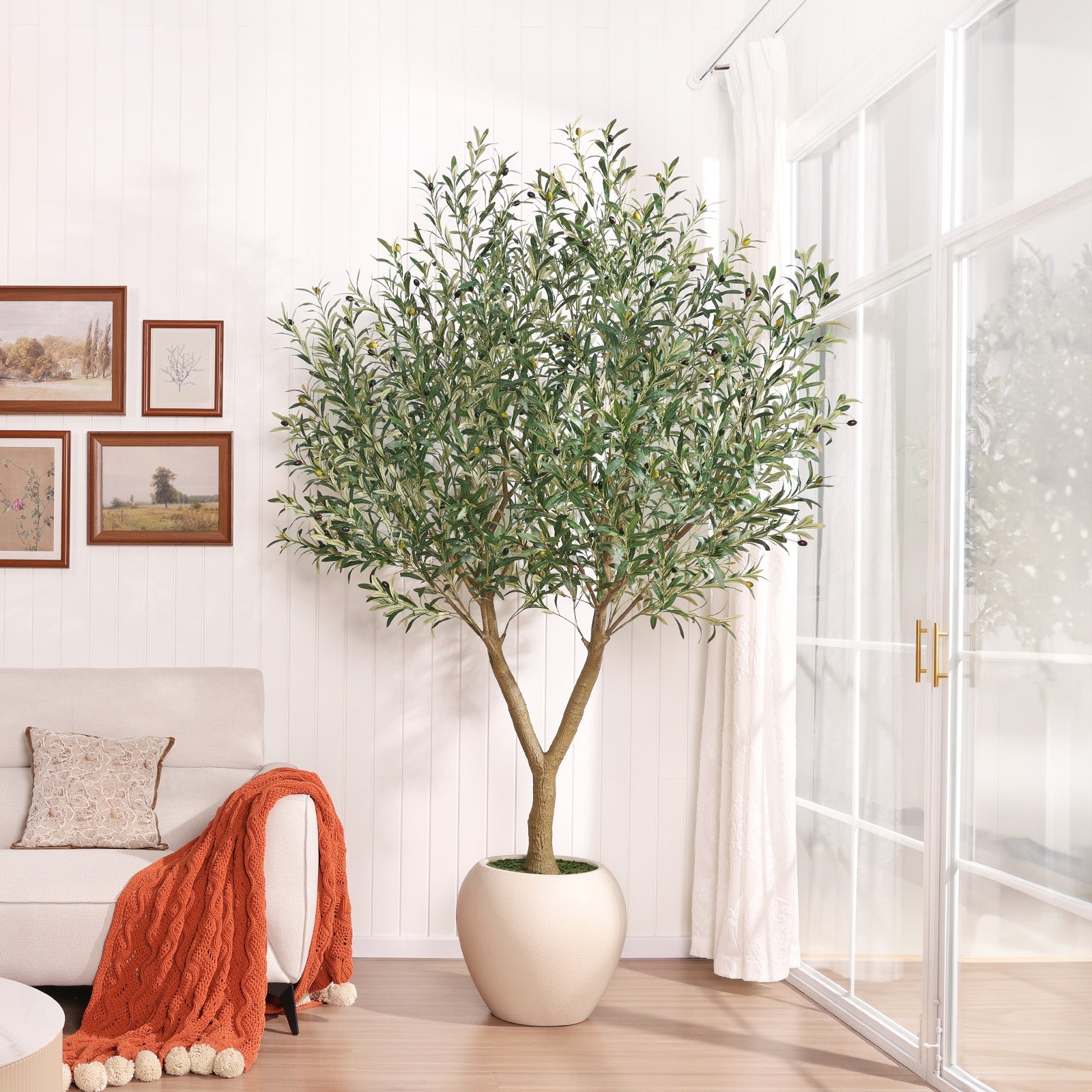 VeriNatural 8FT Artificial Olive Tree Indoor – Large Tall Faux Olive Tree with 18” White Round Planter, Full & Lush Fake Plant for Living Room, Office, Bedroom & Home Decor(VN210)