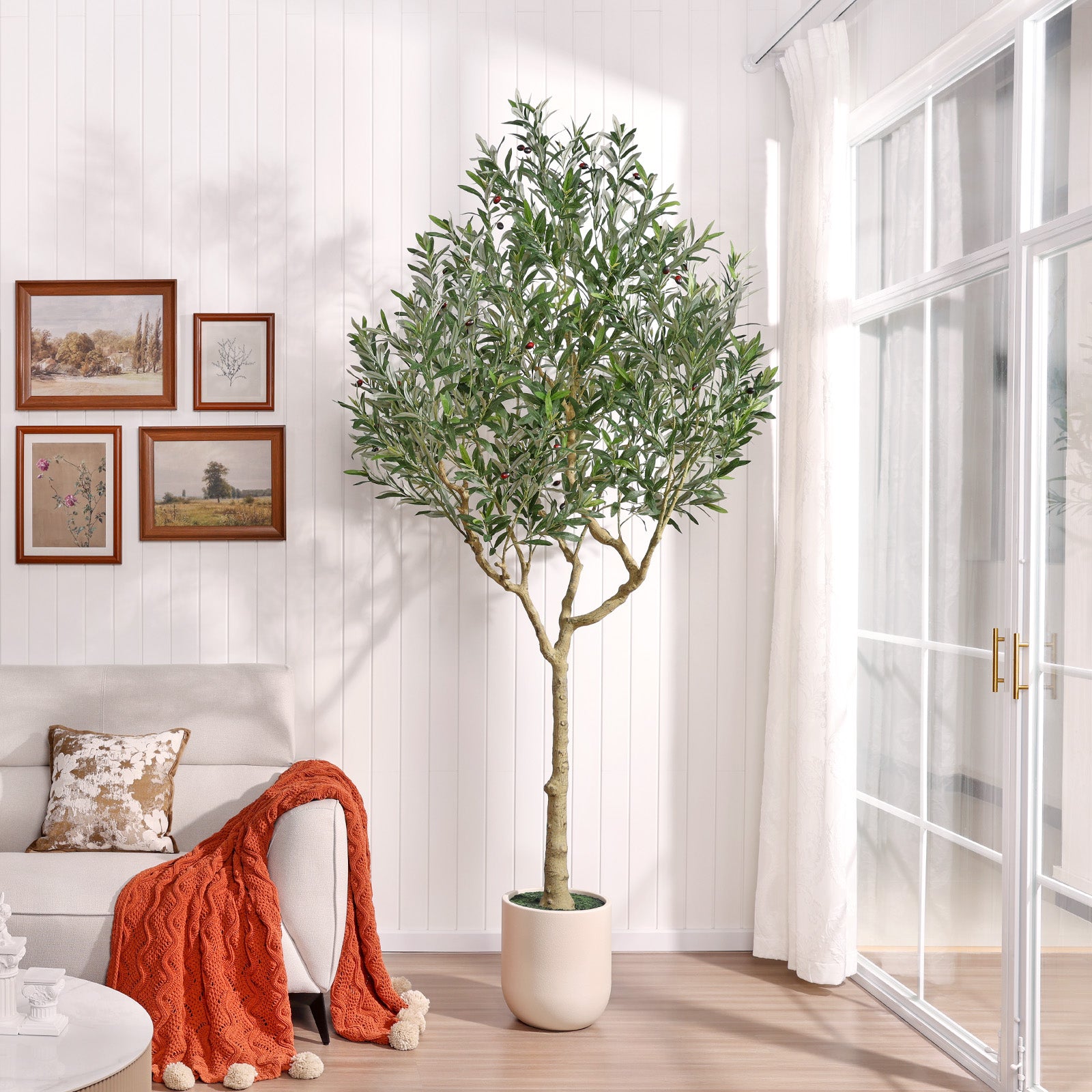 VeriNatural 8FT Artificial Olive Tree with White Tall Planter β Large Faux Olive Tree with Realistic Leaves & Lifelike Fruits for Indoor Home, Living Room & Office Decor