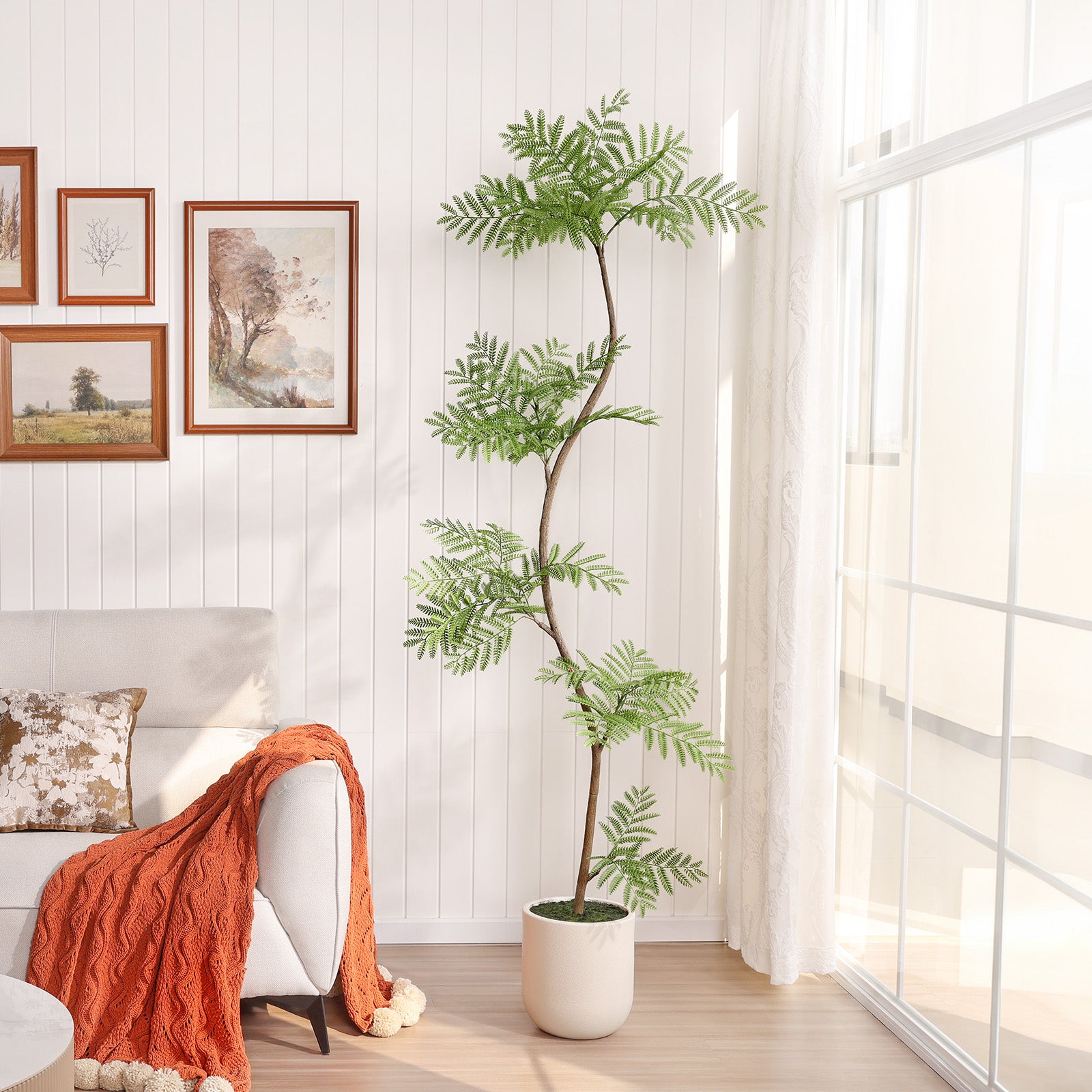 VeriNatural 7FT Artificial Jacaranda Tree in White Planter – Tall Faux Indoor Tree for Modern Home Decor(VN226)