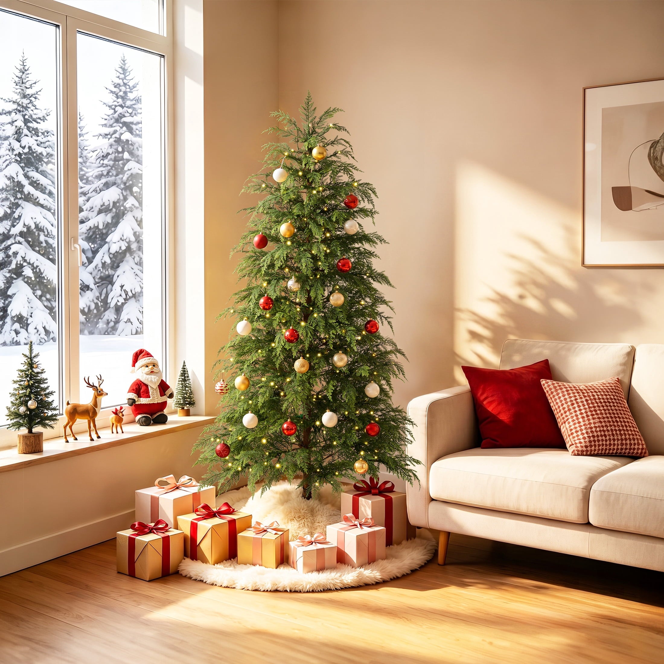 DR.Planzen 6' Pre-Lit Green Cypress Artificial Christmas Tree with 350 Warm White Twinkle LED Lights, Full-Bodied Xmas Tree with Metal Stand, Indoor Holiday Decoration