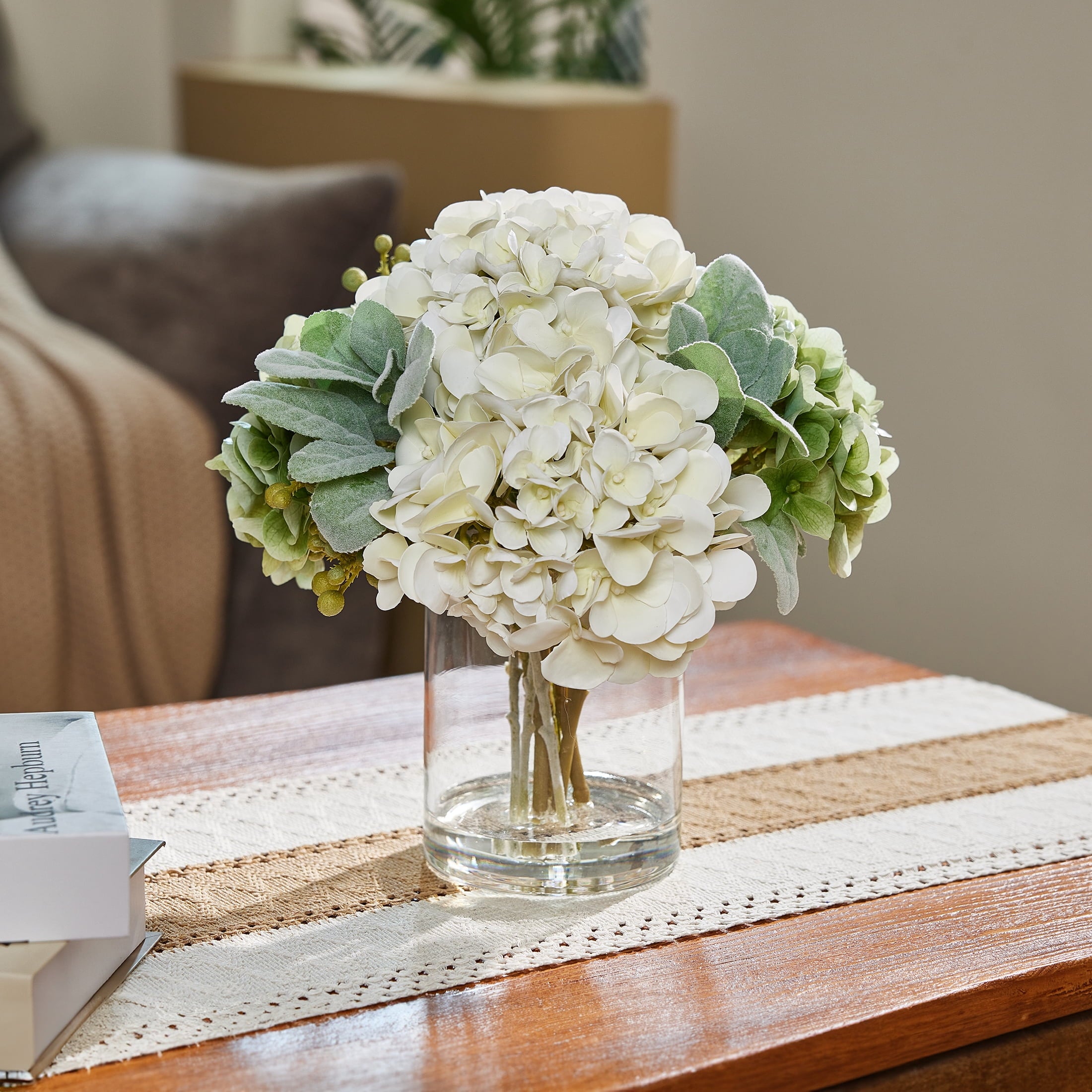 DR.Planzen Artificial Hydrangea Arrangement in Glass Vase, 8 Branches with White Flowers & Green Fruit, 12" Low-Maintenance Floral Centerpiece for Tabletop Home Office Decor