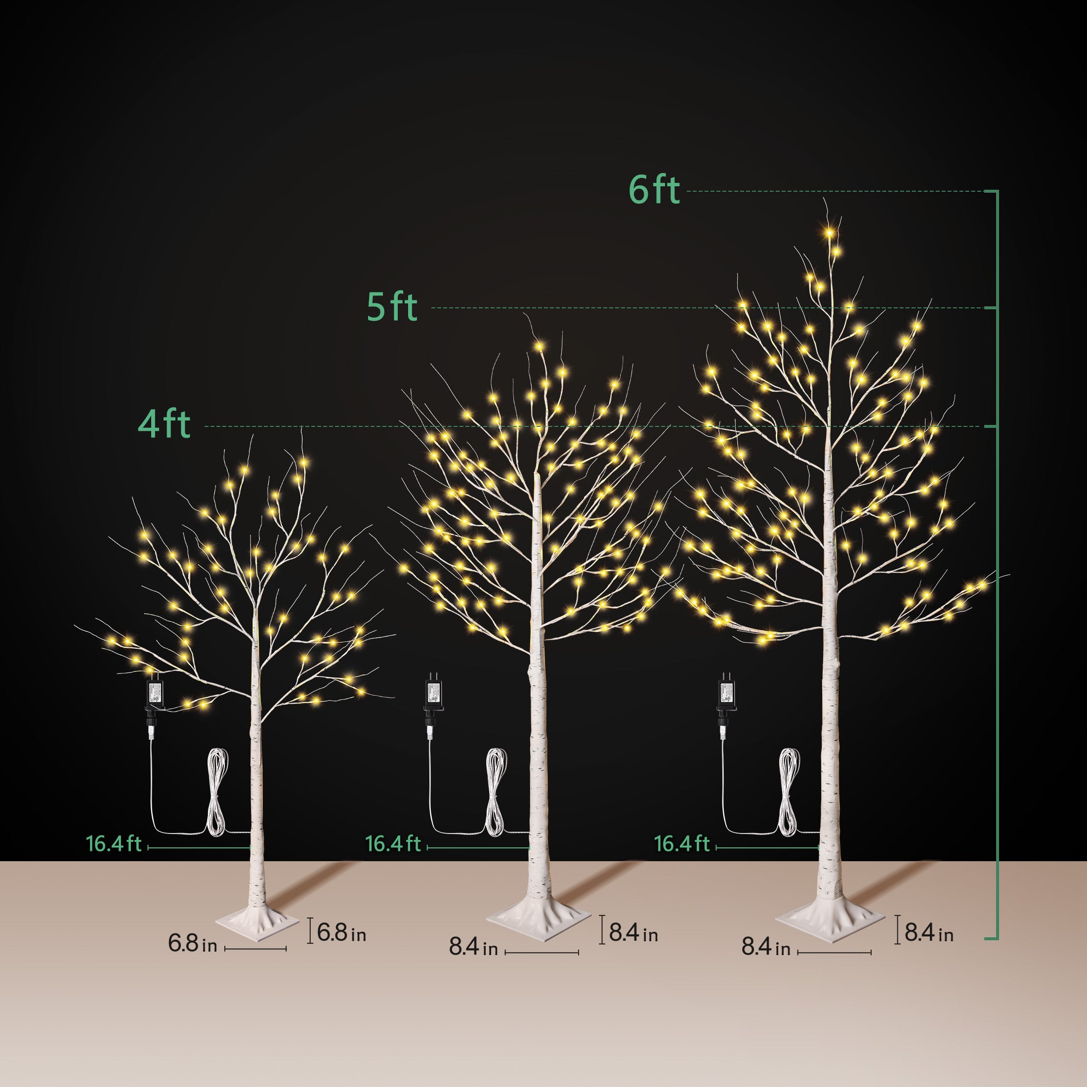 VeriNatural LED Birch Tree Light Set – 4FT/5FT/6FT Pre-Lit Artificial Trees with Warm White Plug-In Lights, Indoor & Outdoor Christmas, Holiday, Wedding & Party Decor (3-Pack)