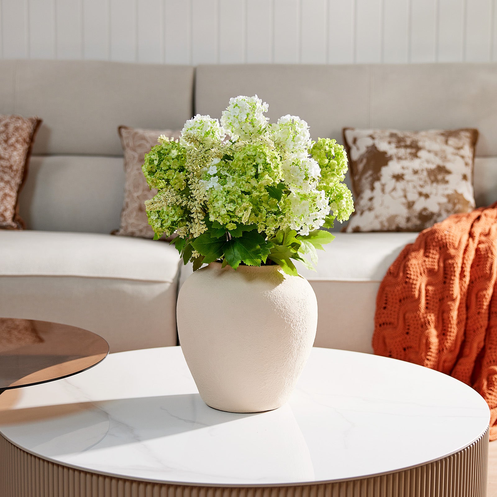 VeriNatural 24” Artificial Hydrangea Bouquet in Textured MgO Vase – Real Touch Faux White & Green Hydrangea Flowers for Wedding, Party & Elegant Home Decor