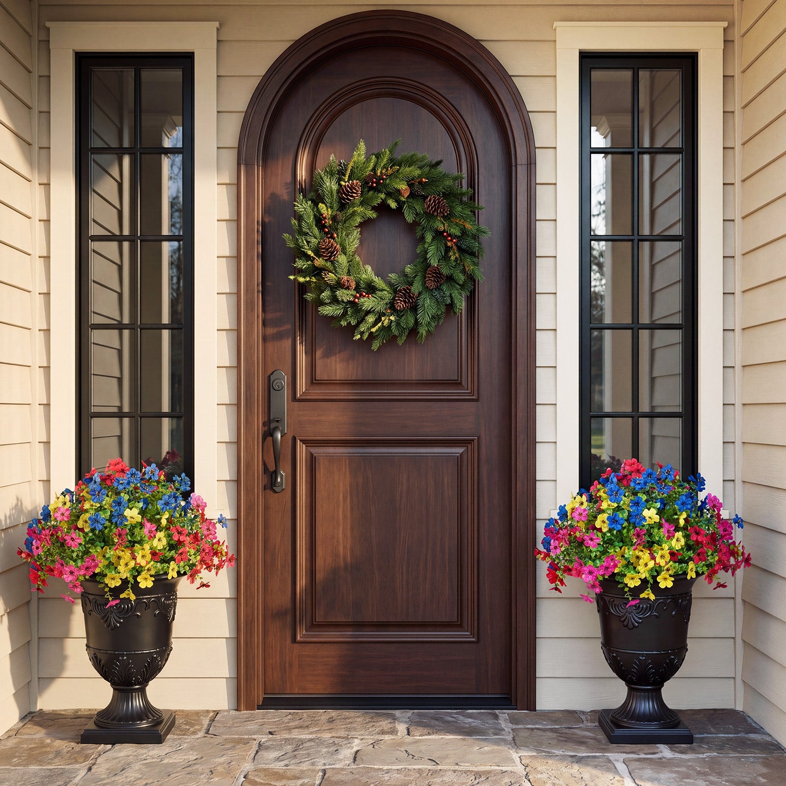 VeriNatural Artificial Lobelia in Charming Urn Planter, 24 Inch Tall Lifelike Faux Flowers, Pre-Potted with Tray, Indoor & Patio Home Decor, Available in 1 Pack & 2 Pack