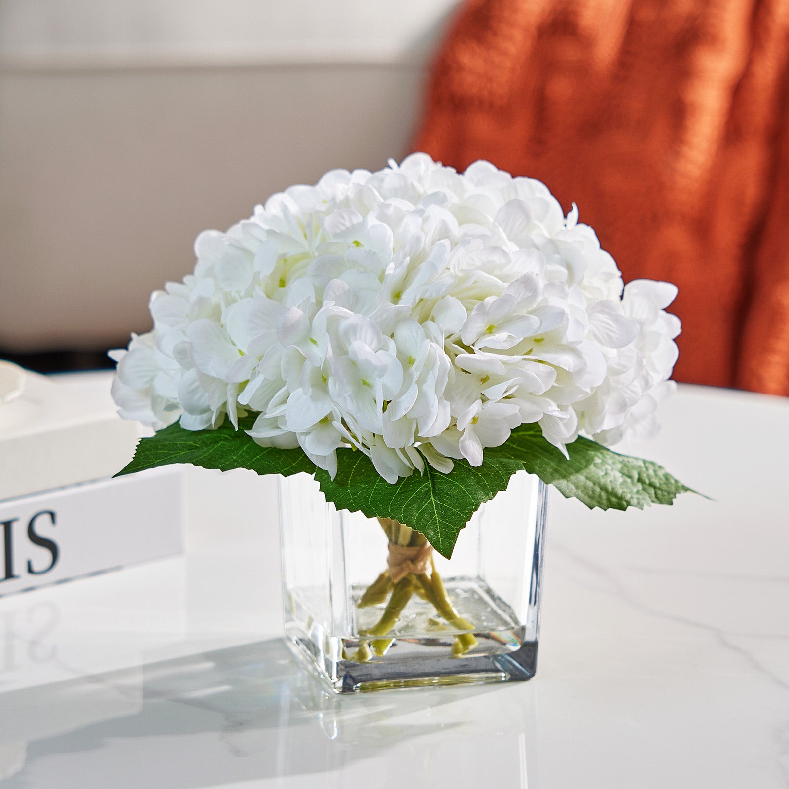 VeriNatural White Artificial Hydrangea in Vase – Realistic Silk Flowers with Faux Water, Perfect Home, Office & Wedding Decor