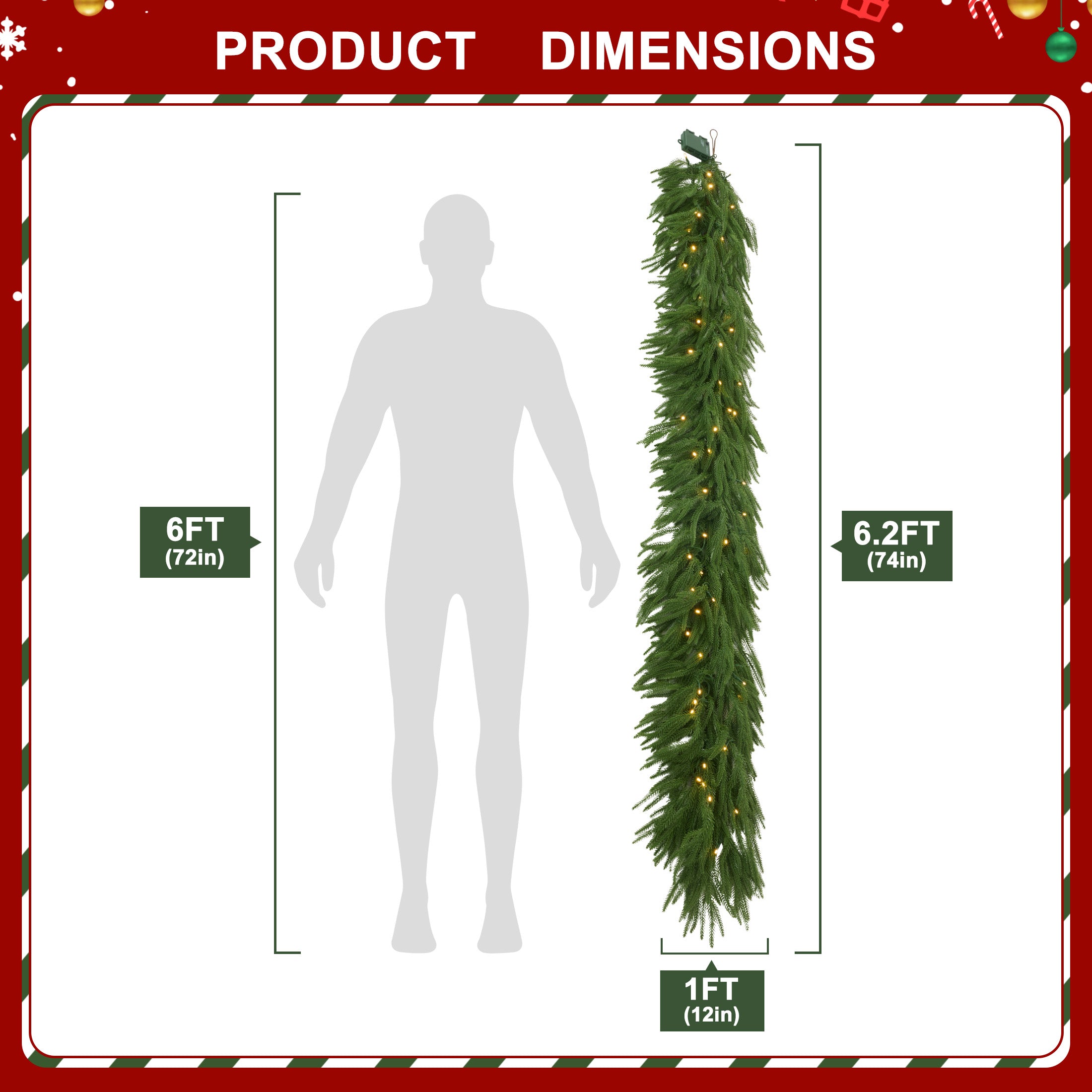 VeriNatural 2-Pack 6FT Artificial Norfolk Pine Foliage Spray – Pre Lighted (50 LEDs) / Unlit Version Available, DIY Christmas Tree Filler & Vase Filler Slim Greenery Stem