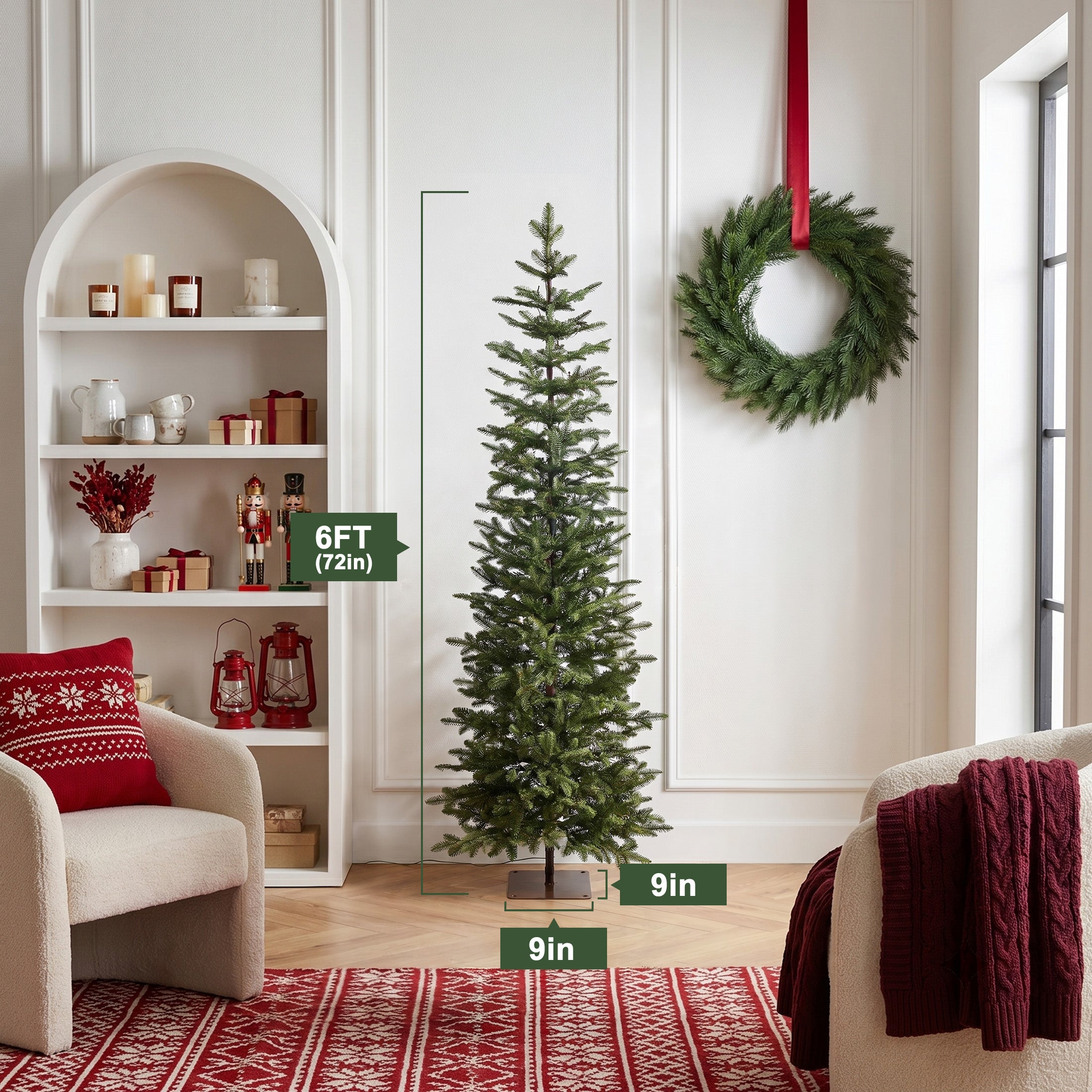 VeriNatural 5/6/7FT Pencil Christmas Tree, Slim Artificial Christmas Tree with Realistic PE Branch Tips, Available Pre-Lit or Unlit, Metal Stand, Indoor Holiday Decoration for Apartment, Entryway, Corner & Office