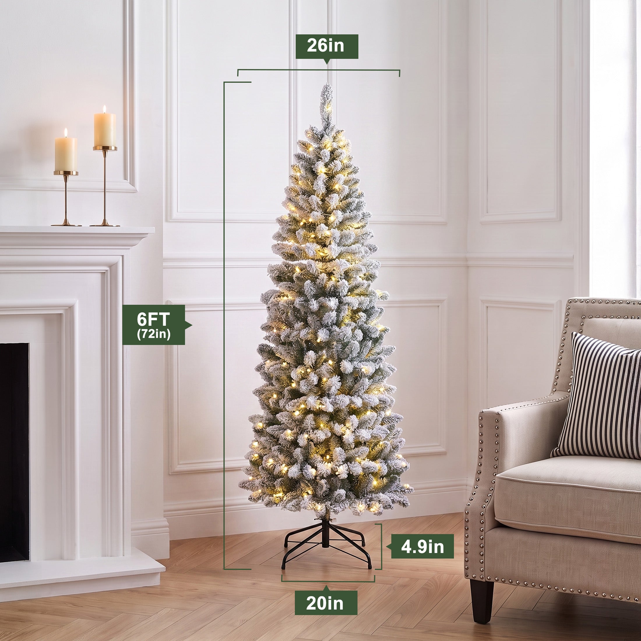 VeriNatural 6ft Prelit Snow Flocked Slim Christmas Tree - Pencil Artificial Tree with 250 Dual Color LED Lights, 9 Modes and 720 Adjustable Branches for Apartments, Living Rooms