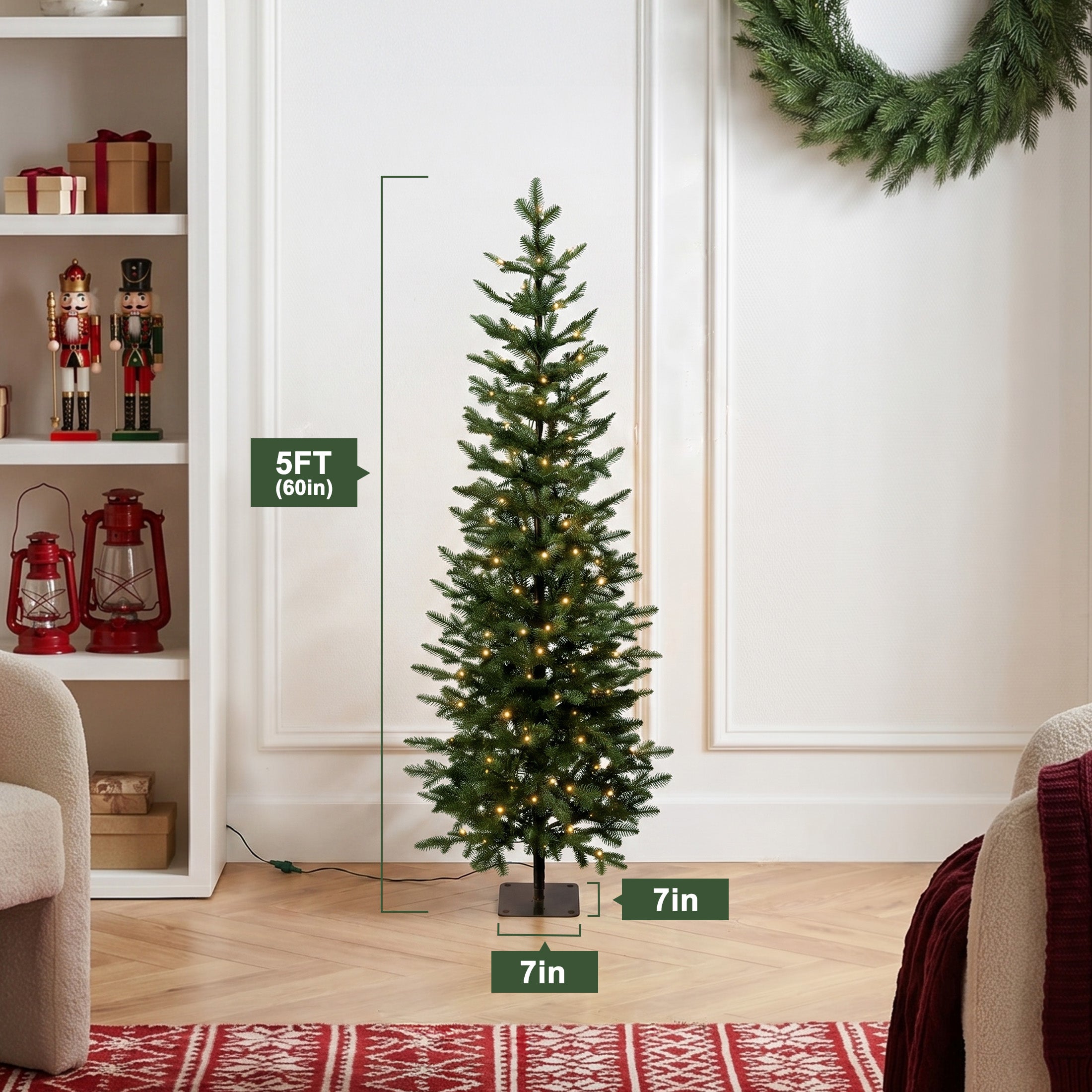 VeriNatural 5/6/7FT Pencil Christmas Tree, Slim Artificial Christmas Tree with Realistic PE Branch Tips, Available Pre-Lit or Unlit, Metal Stand, Indoor Holiday Decoration for Apartment, Entryway, Corner & Office