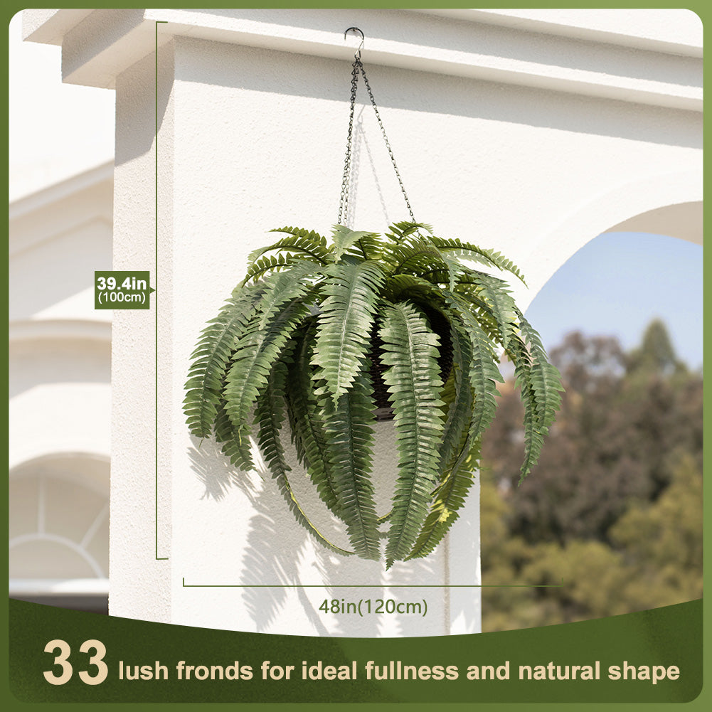 VeriNatural 33 Fronds UV Resistant Artificial Boston Fern Bush with Hanging Planter for Indoor & Outdoor (1/2-Pack)(VN142)