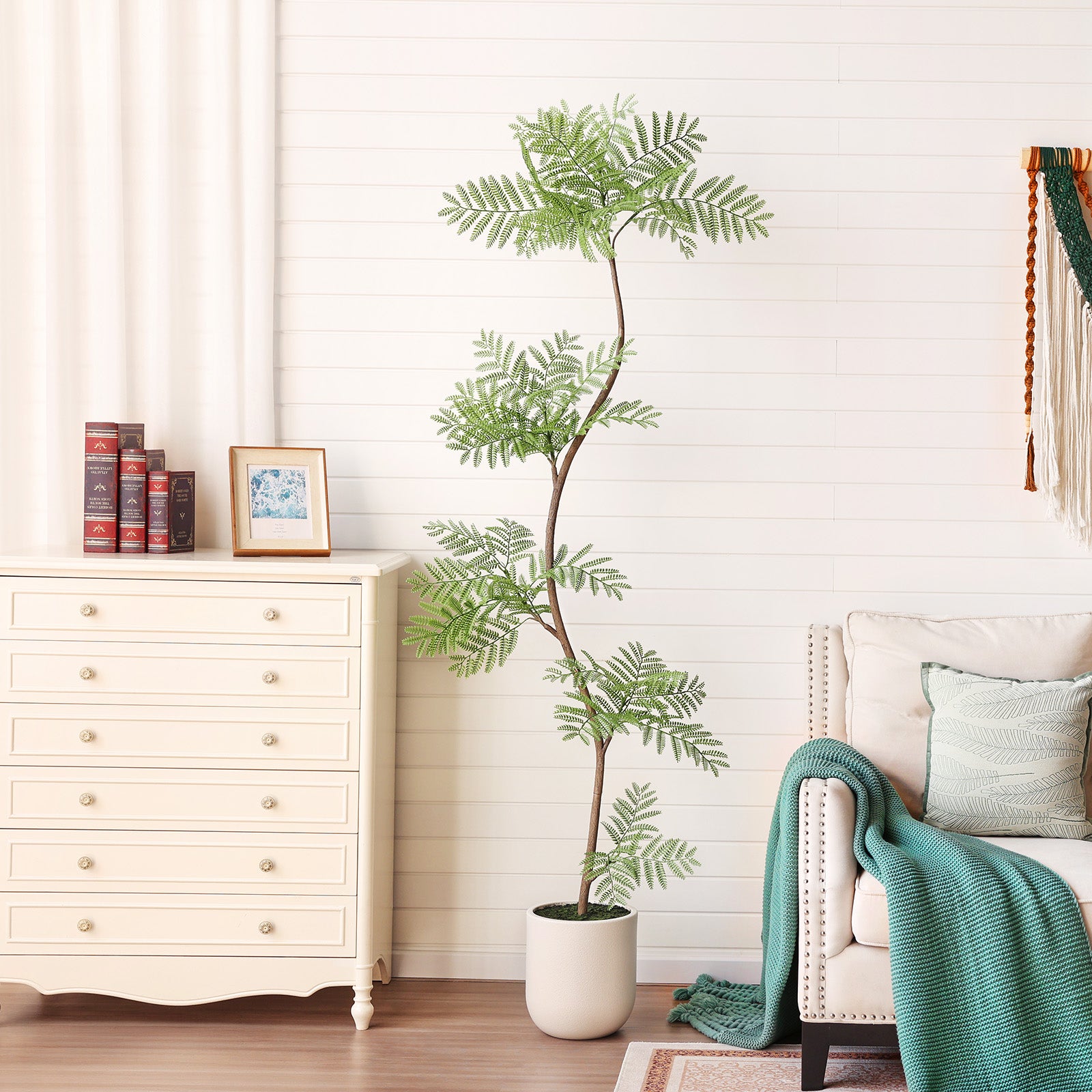 VeriNatural 7FT Artificial Jacaranda Tree in White Planter – Tall Faux Indoor Tree for Modern Home Decor(VN226)