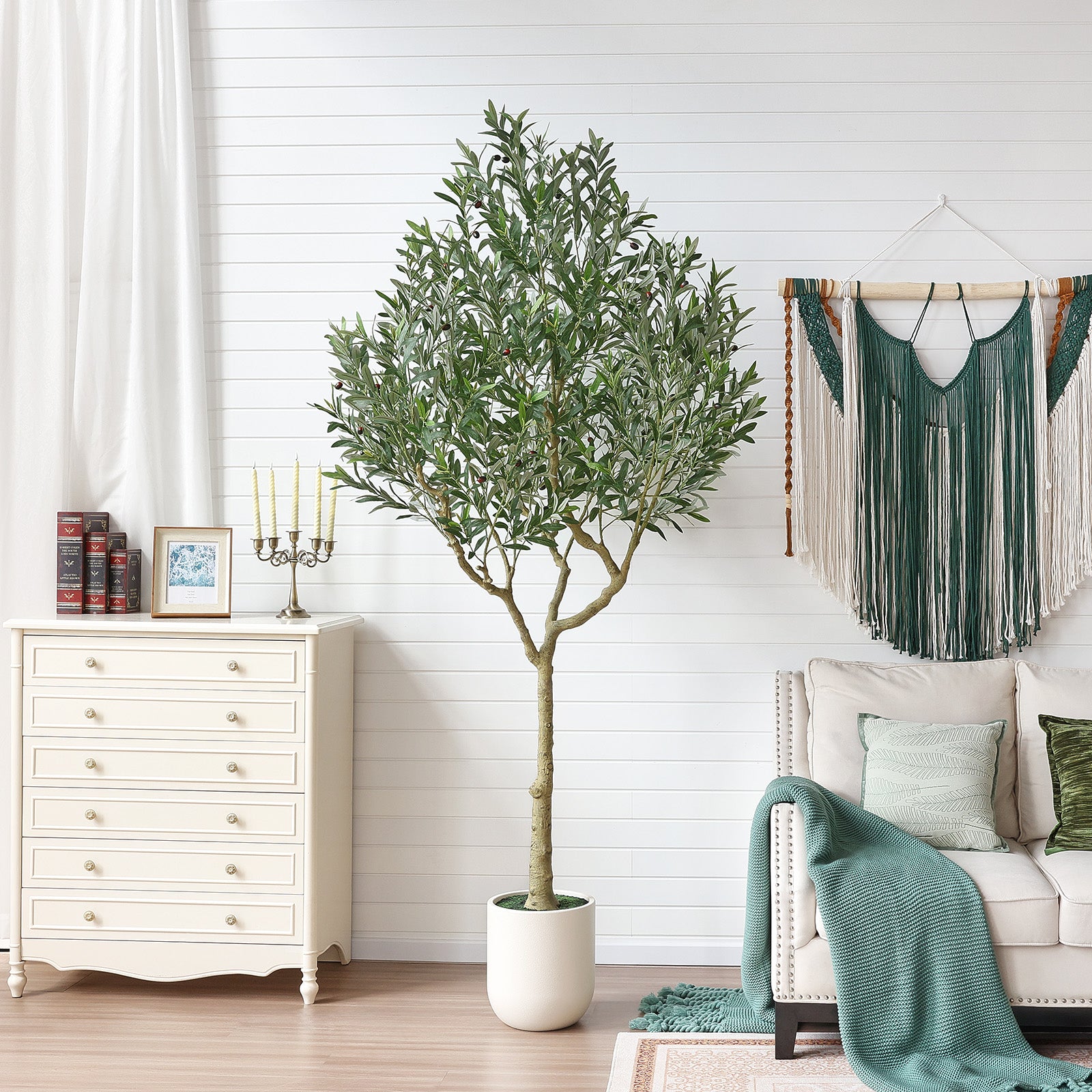 VeriNatural 8FT Artificial Olive Tree with White Tall Planter – Large Faux Olive Tree with Realistic Leaves & Lifelike Fruits for Indoor Home, Living Room & Office Decor