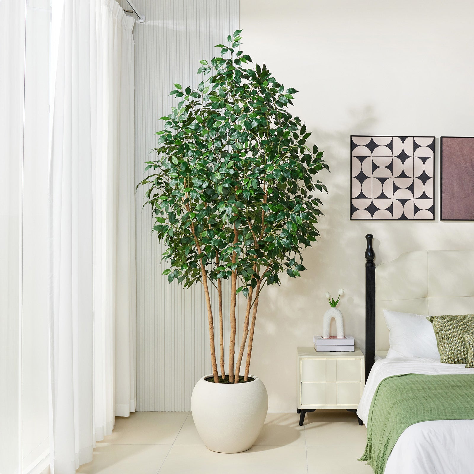 VeriNatural 6/7/8FT Artificial Ficus Tree Indoor – Faux Tree with Natural Wood Trunk, Silk Leaves & White Round Planter Included, Realistic Fake Plant for Home, Office & Living Room Decor (VN255)