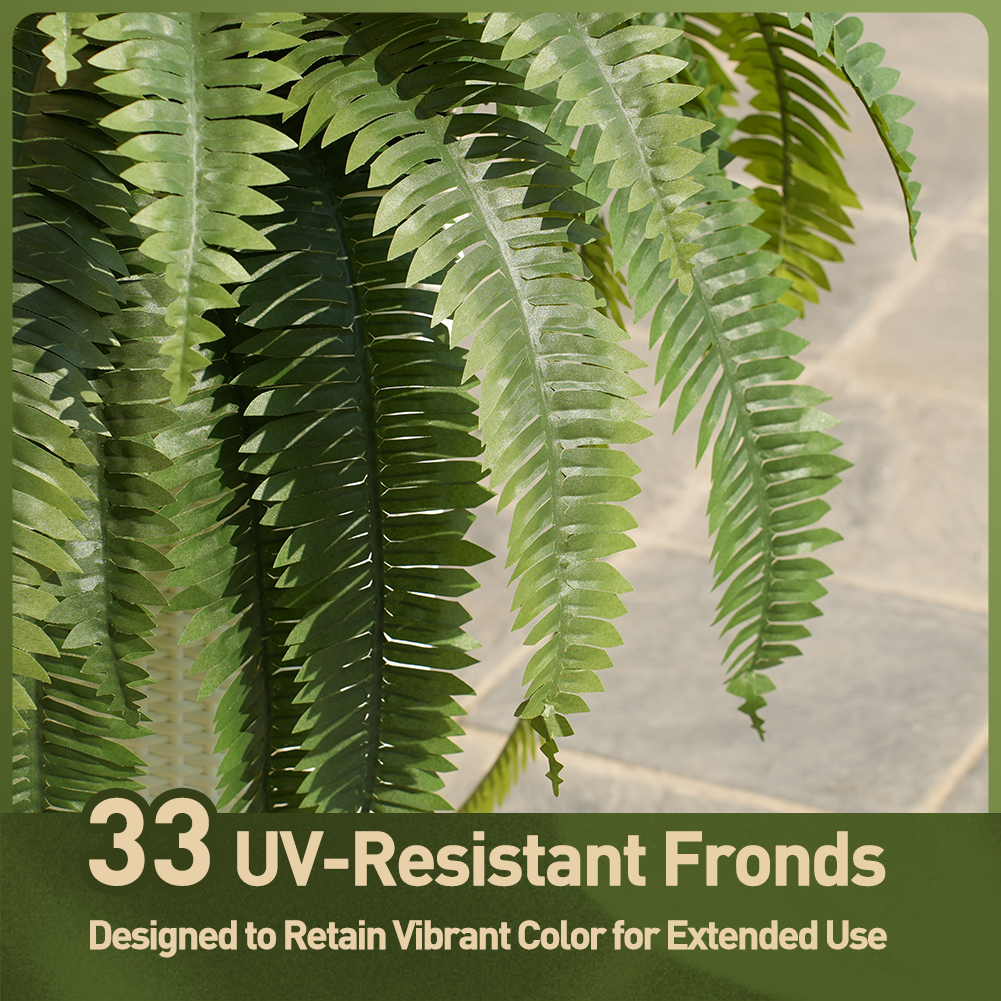VeriNatural 33/39 Fronds Artificial Boston Fern Bush with Black Taper Planter for Indoor & Outdoor (1/2-Pack)(VN153)