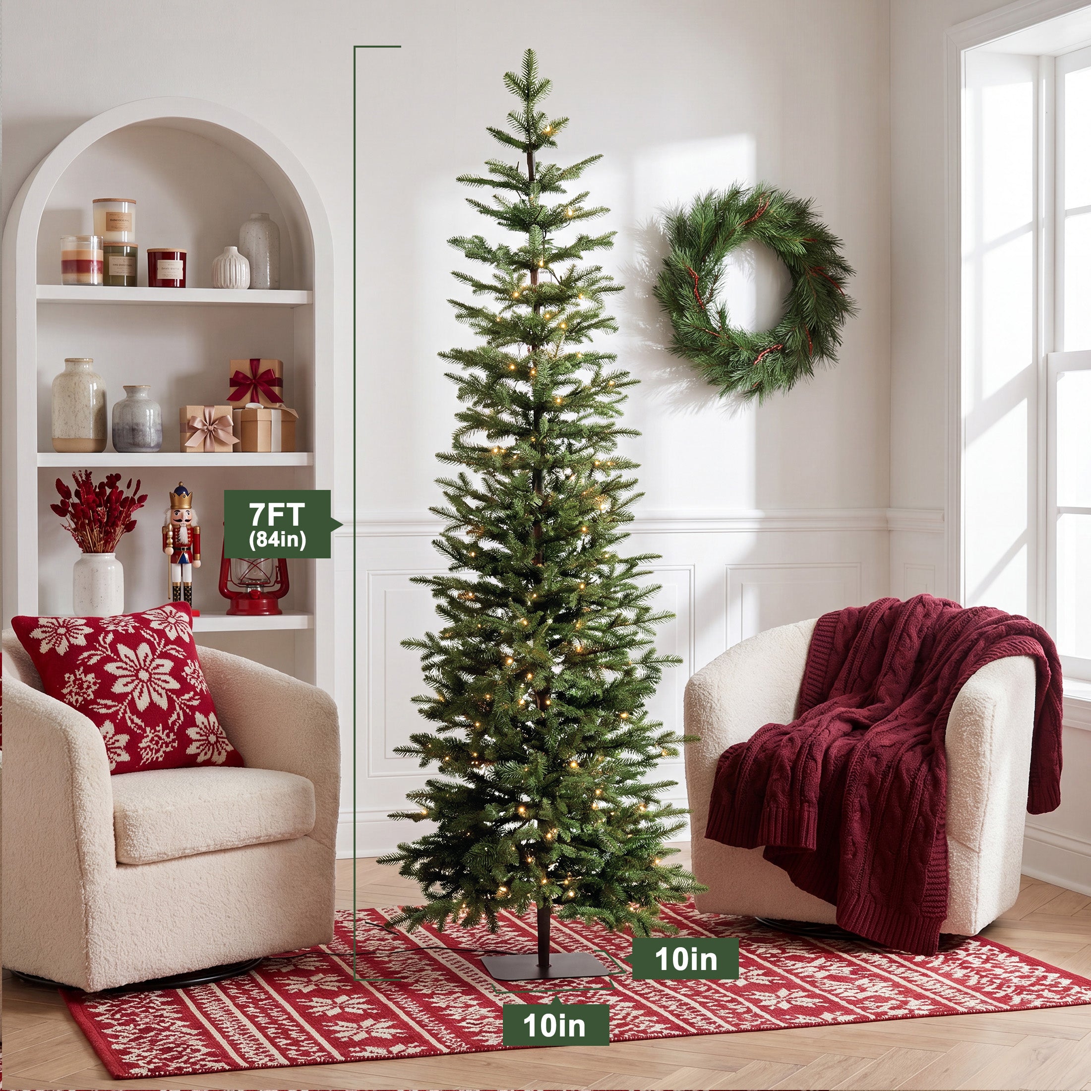VeriNatural 5/6/7FT Pencil Christmas Tree, Slim Artificial Christmas Tree with Realistic PE Branch Tips, Available Pre-Lit or Unlit, Metal Stand, Indoor Holiday Decoration for Apartment, Entryway, Corner & Office