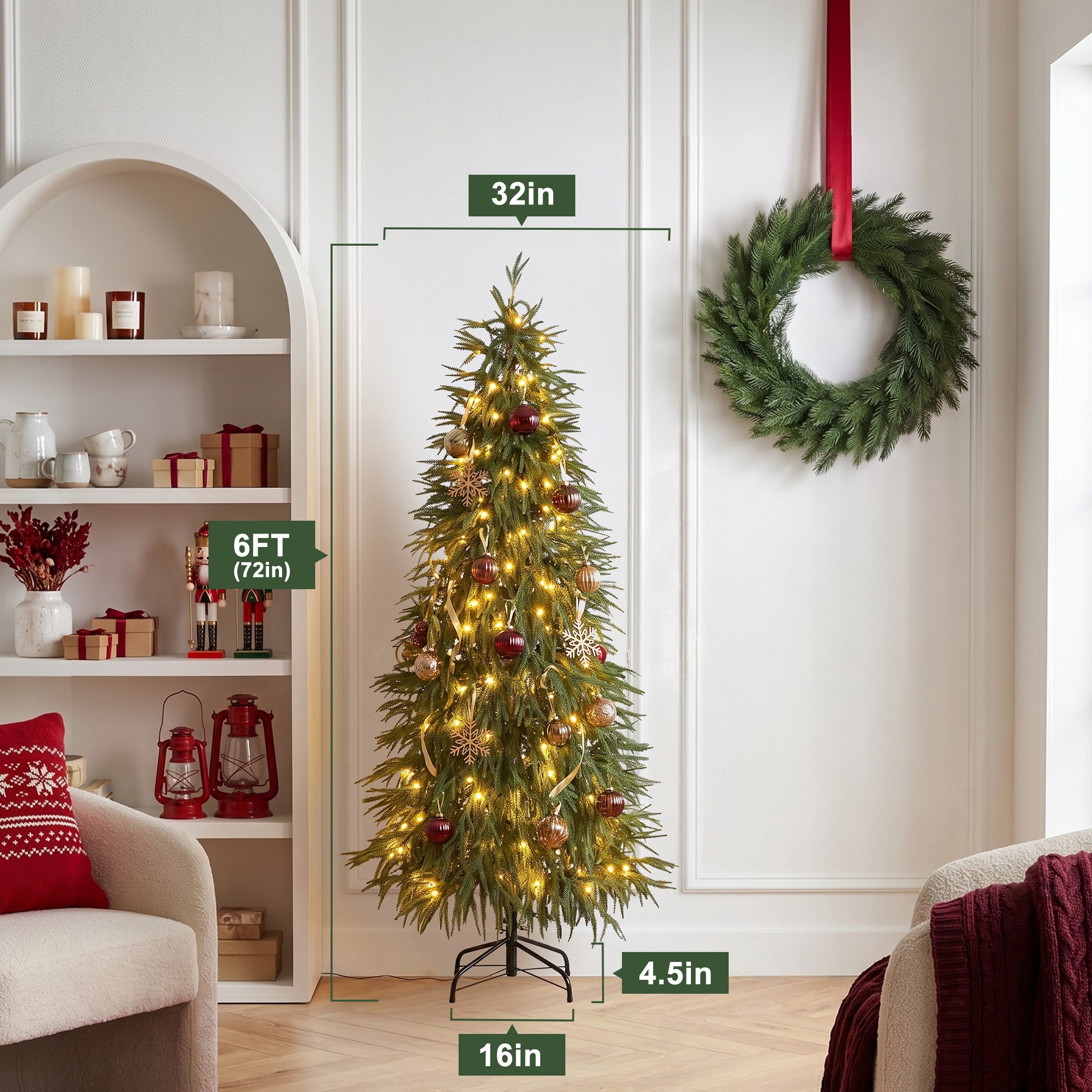 VeriNatural 5/6/7FT Pre-Lit Norfolk Pine Christmas Tree, Artificial Slim Christmas Tree with 100/150/220 Warm White LEDs, 3 Lighting Modes, Adjustable PE Branches, Space-Saving Holiday Decor for Apartment, Home & Office