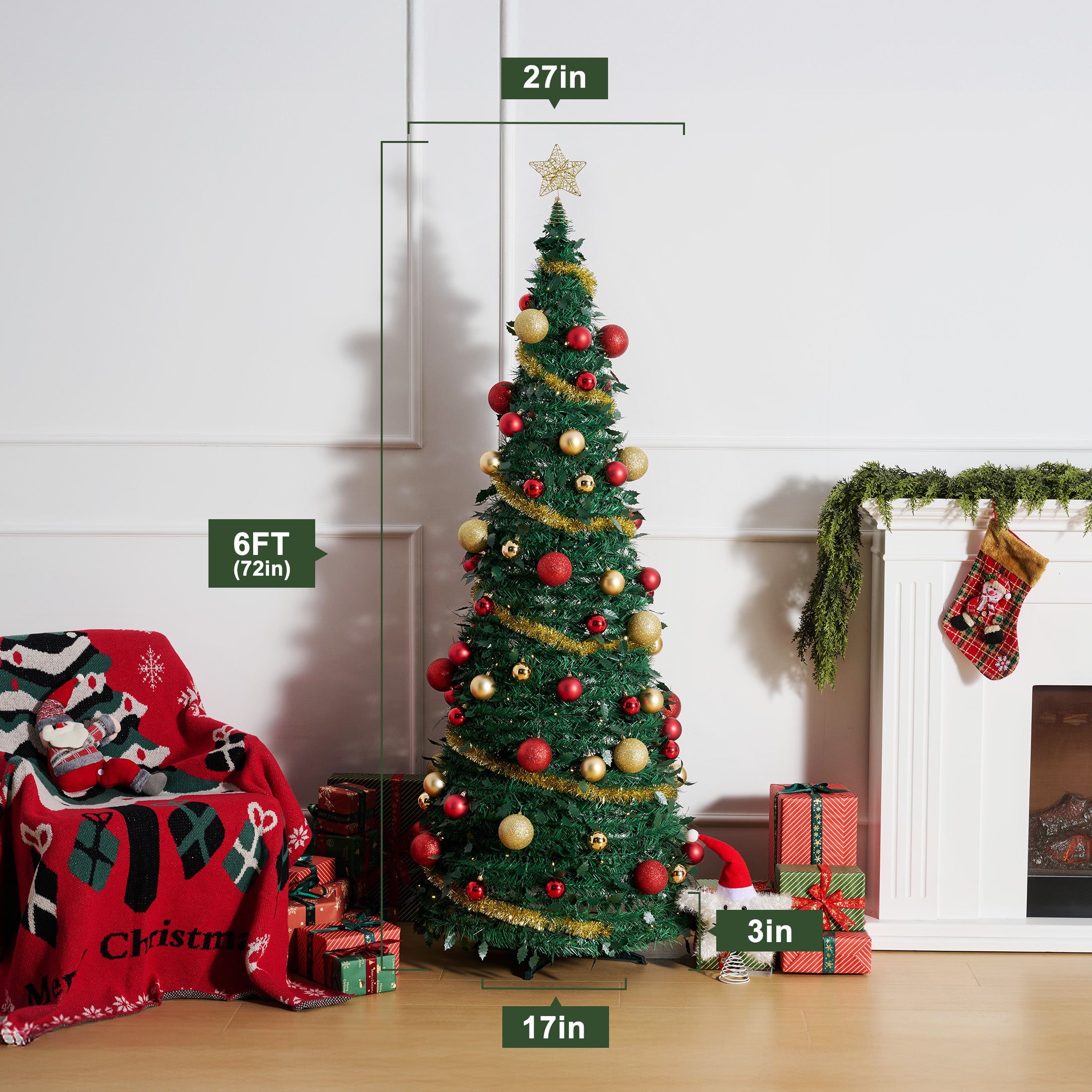 VeriNatural 6FT Pop Up Christmas Tree with 150 Warm White LED Lights & 90 Red Gold Ornaments, Pre-Lit Collapsible Artificial Xmas Tree for Easy Holiday Setup