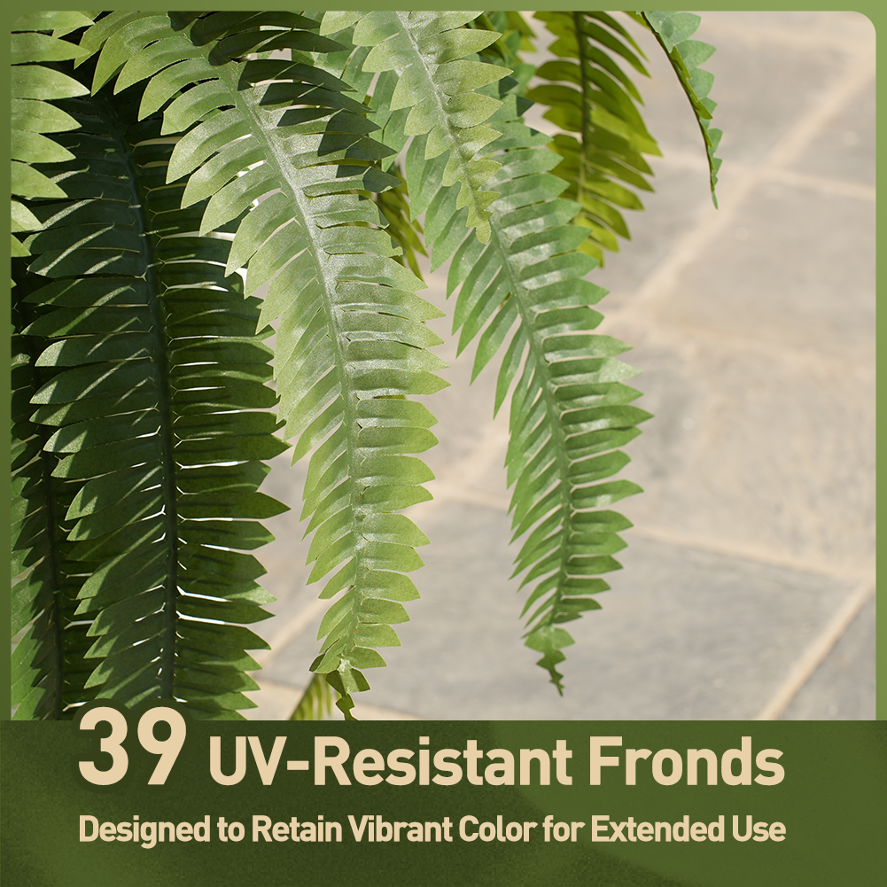 VeriNatural 33/39 Fronds Artificial Boston Fern Bush with Black Taper Planter for Indoor & Outdoor (1/2-Pack)(VN153)