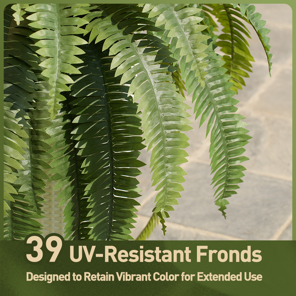 VeriNatural 33/39 Fronds Artificial Boston Fern Bush with Black Taper Planter for Indoor & Outdoor (1/2-Pack)(VN153)