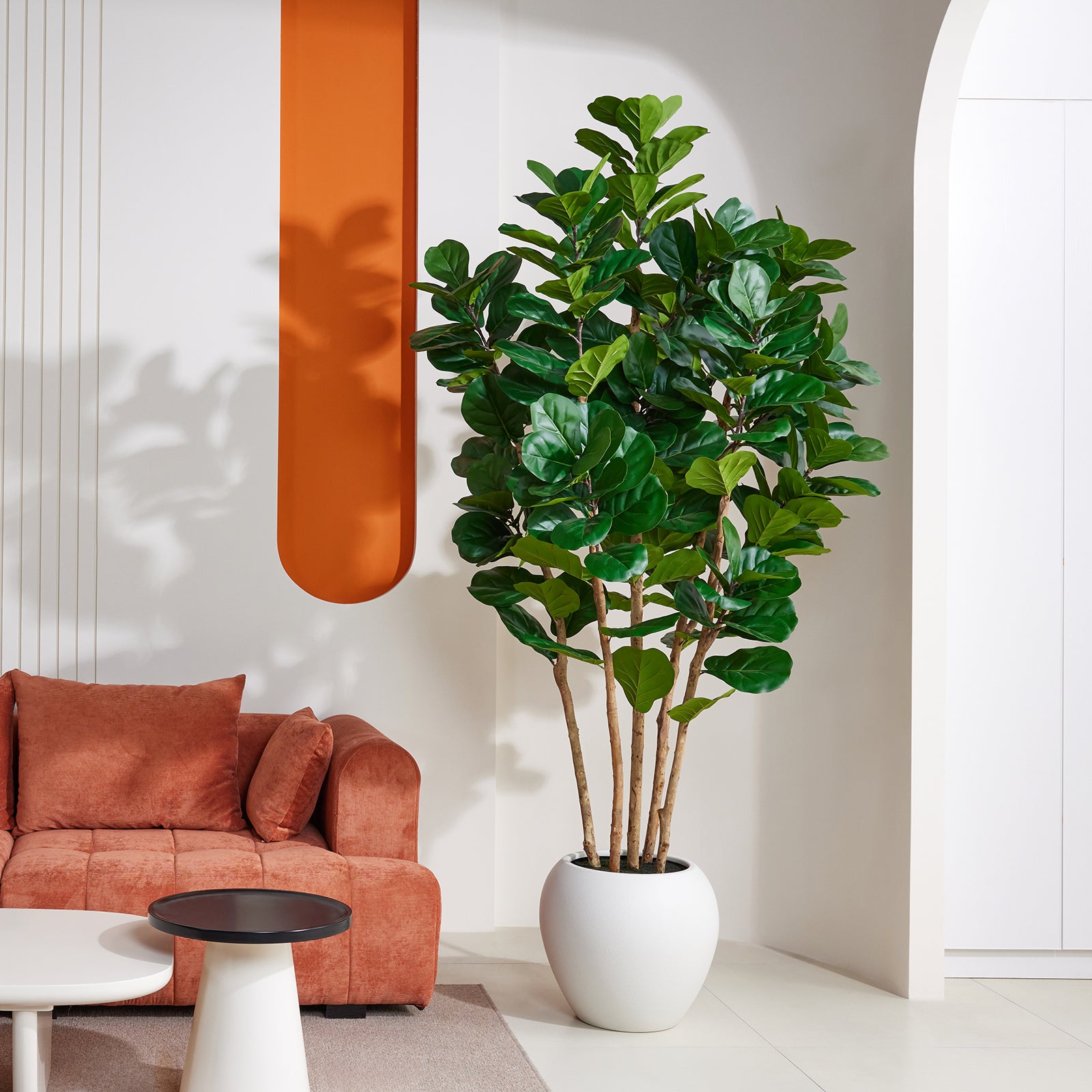 VeriNatural 6/7/8FT Artificial Fiddle Leaf Fig Tree with White Planter – Tall Faux Tree with 4 Real Wood Trunks & Real Moss, Indoor Decorative Plant for Home, Living Room & Office Decor (VN244)