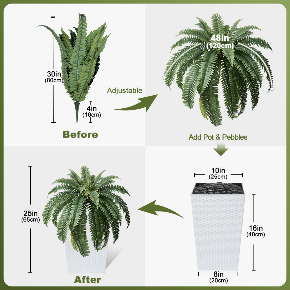 VeriNatural 33/39 Fronds Artificial Boston Fern Bush with Black Taper Planter for Indoor & Outdoor (1/2-Pack)(VN153)