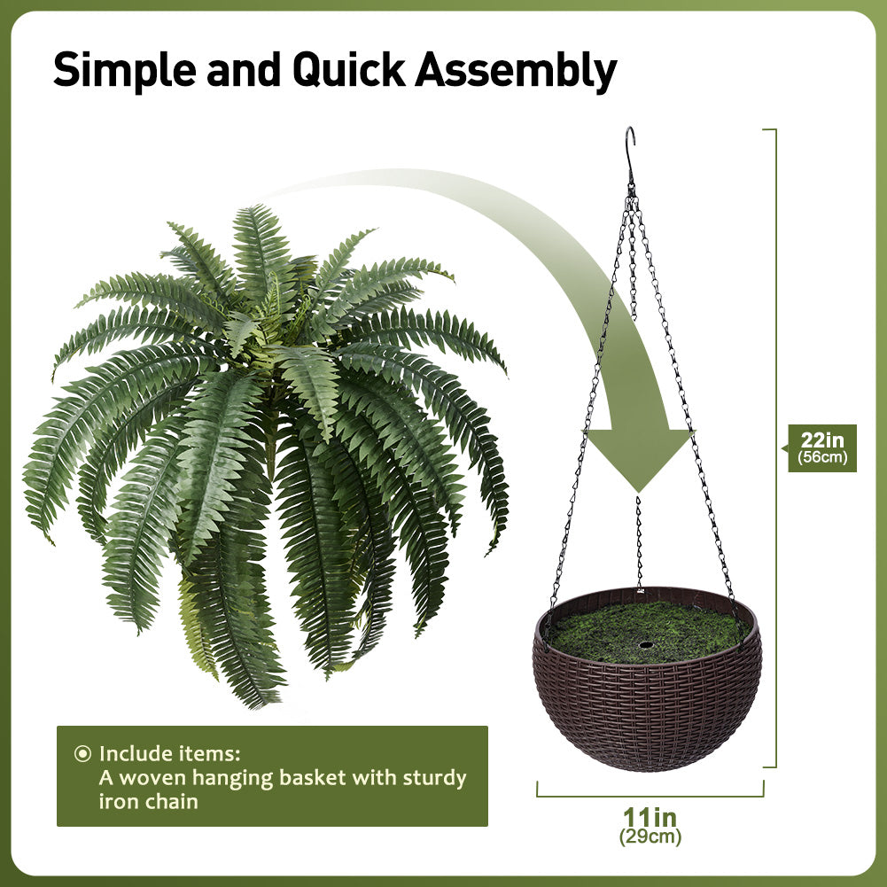 VeriNatural 33 Fronds UV Resistant Artificial Boston Fern Bush with Hanging Planter for Indoor & Outdoor (1/2-Pack)(VN142)