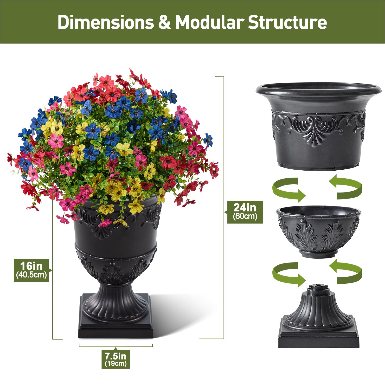 VeriNatural Artificial Lobelia in Charming Urn Planter, 24 Inch Tall Lifelike Faux Flowers, Pre-Potted with Tray, Indoor & Patio Home Decor, Available in 1 Pack & 2 Pack