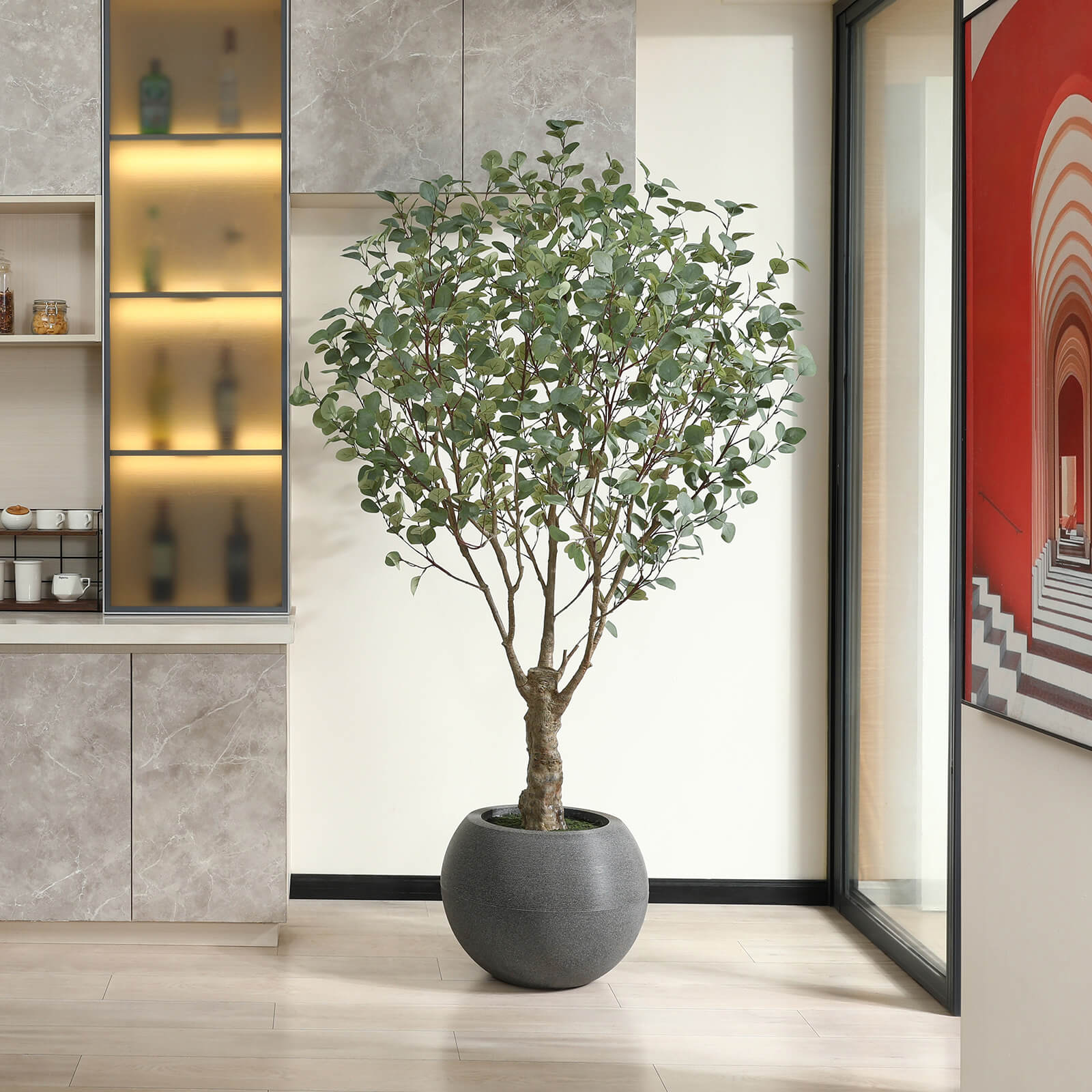 VeriNatural 7FT Artificial Eucalyptus with Gray Oval Planter for Indoor & Outdoor