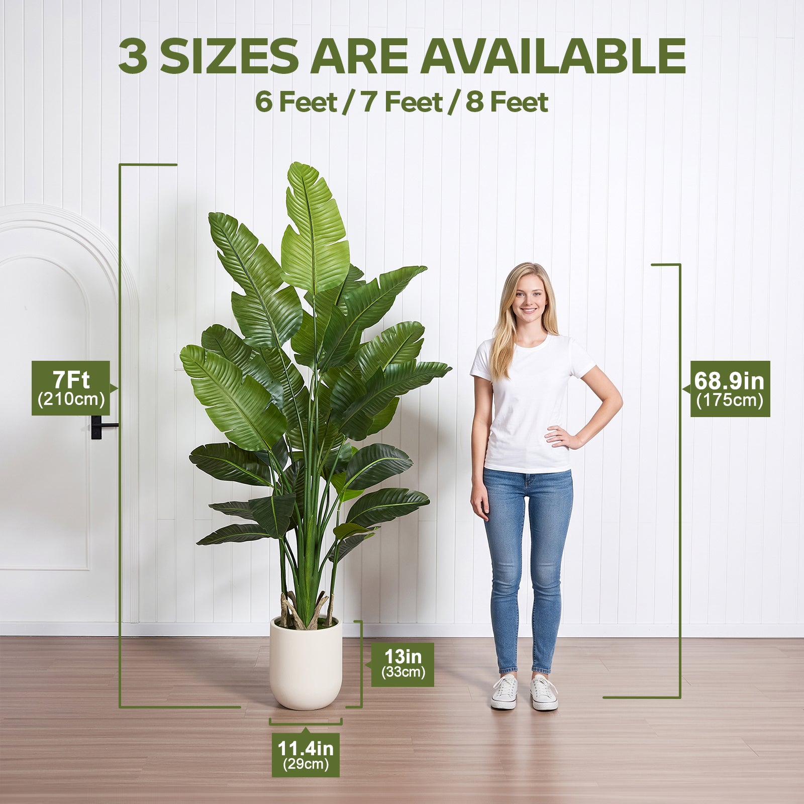 VeriNatural 6/7/8FT Artificial Bird of Paradise Tree Indoor, Large Faux Tropical Palm Plant with Realistic Trunks & White Planter, Tall Fake Palm Tree for Living Room, Office & Home Decor (VN302)