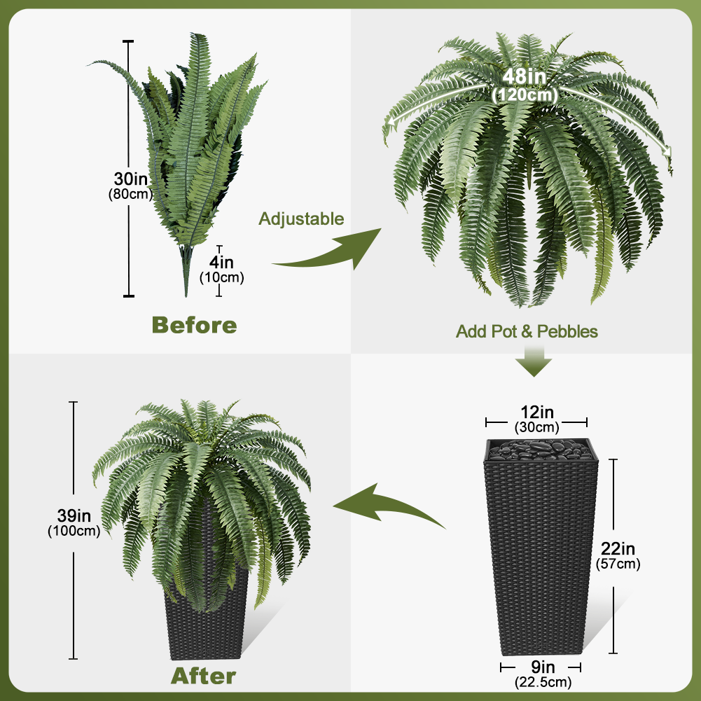VeriNatural 33/39 Fronds Artificial Boston Fern Bush with Black Taper Planter for Indoor & Outdoor (1/2-Pack)(VN153)