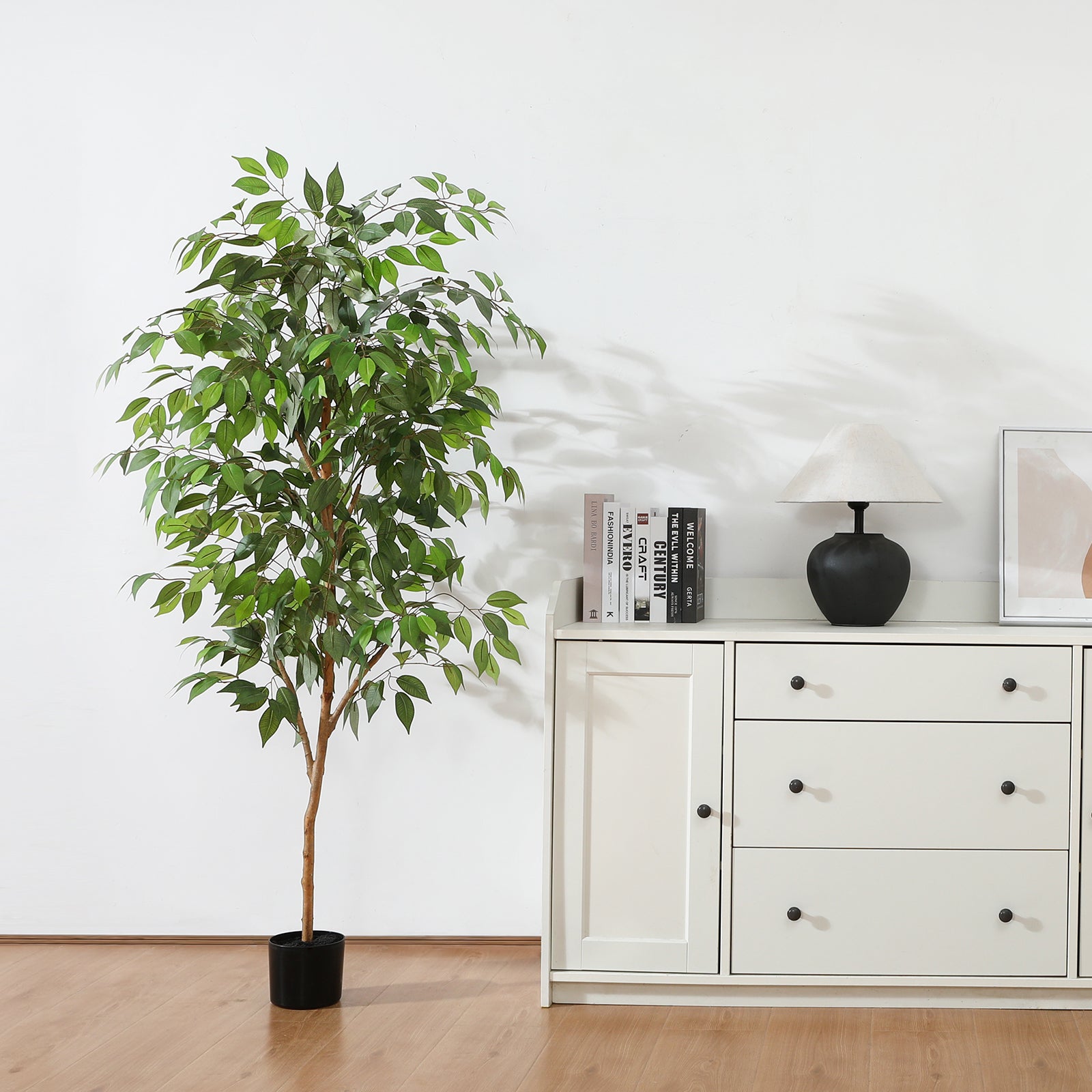 Fopamtri Artificial Ficus Plant 150 cm Large Fake Plants Indoor with Natural Wood Trunk, Fake Potted Ficus Tree for Home Bedroom Office Balcony Garden Decorations (1 Pack)