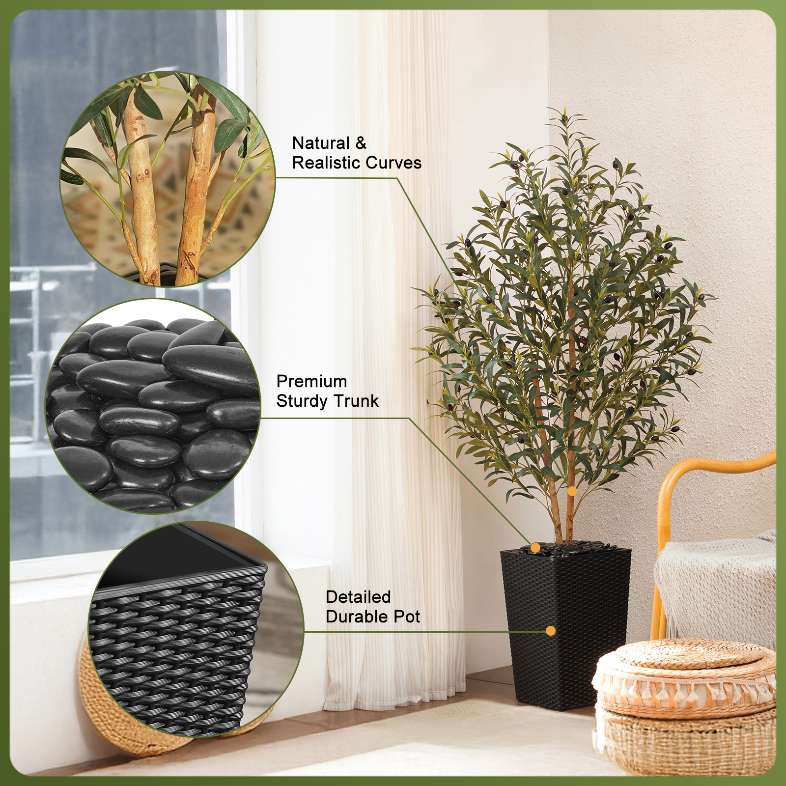 VeriNatural 5/6FT Artificial Olive Tree UV Resistant and Natural Trunk with Black Taper Planter for Indoor & Outdoor (VN131)