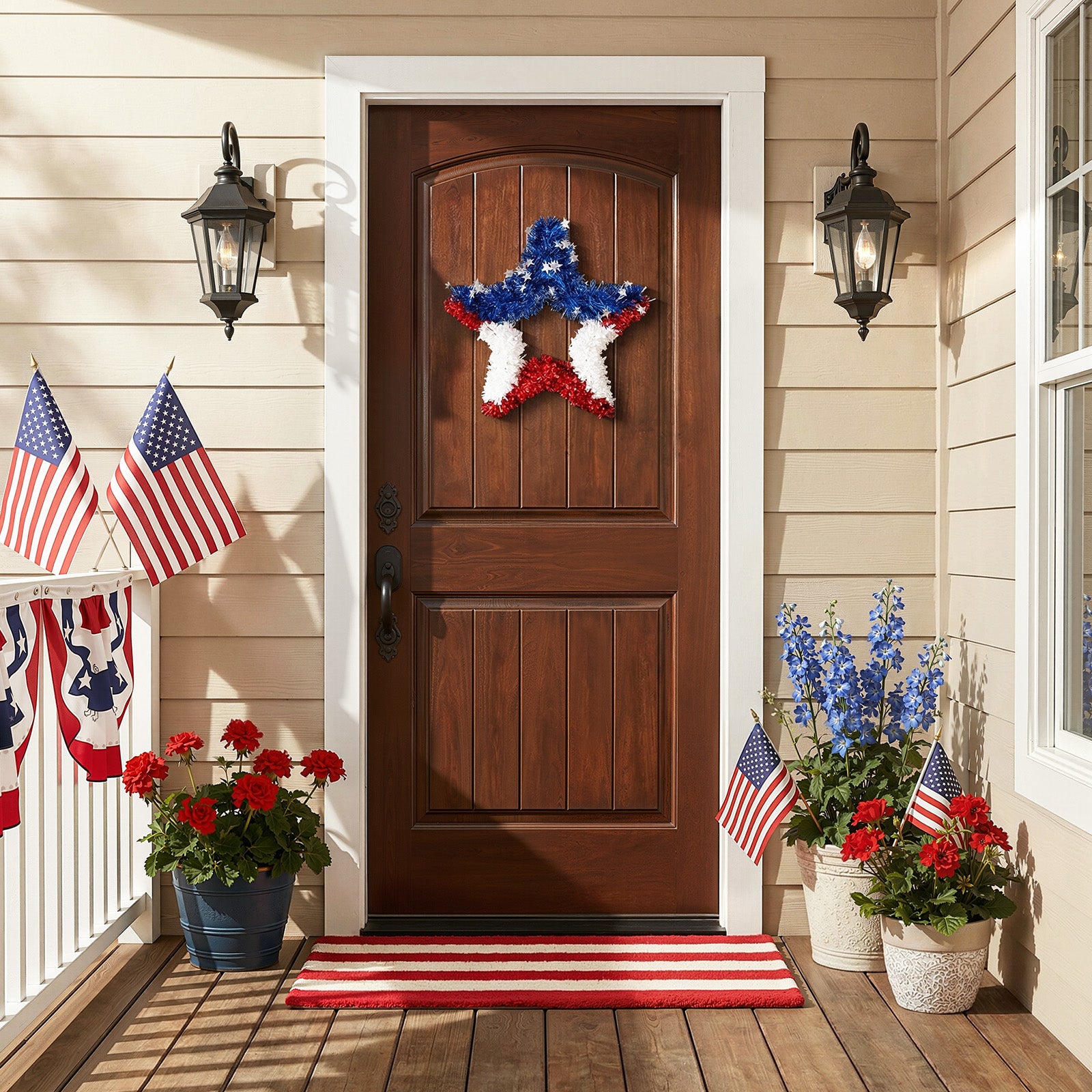 VeriNatural Garland Red White Blue Star Tinsel Decor for Party, Door, Wall & Golf Cart