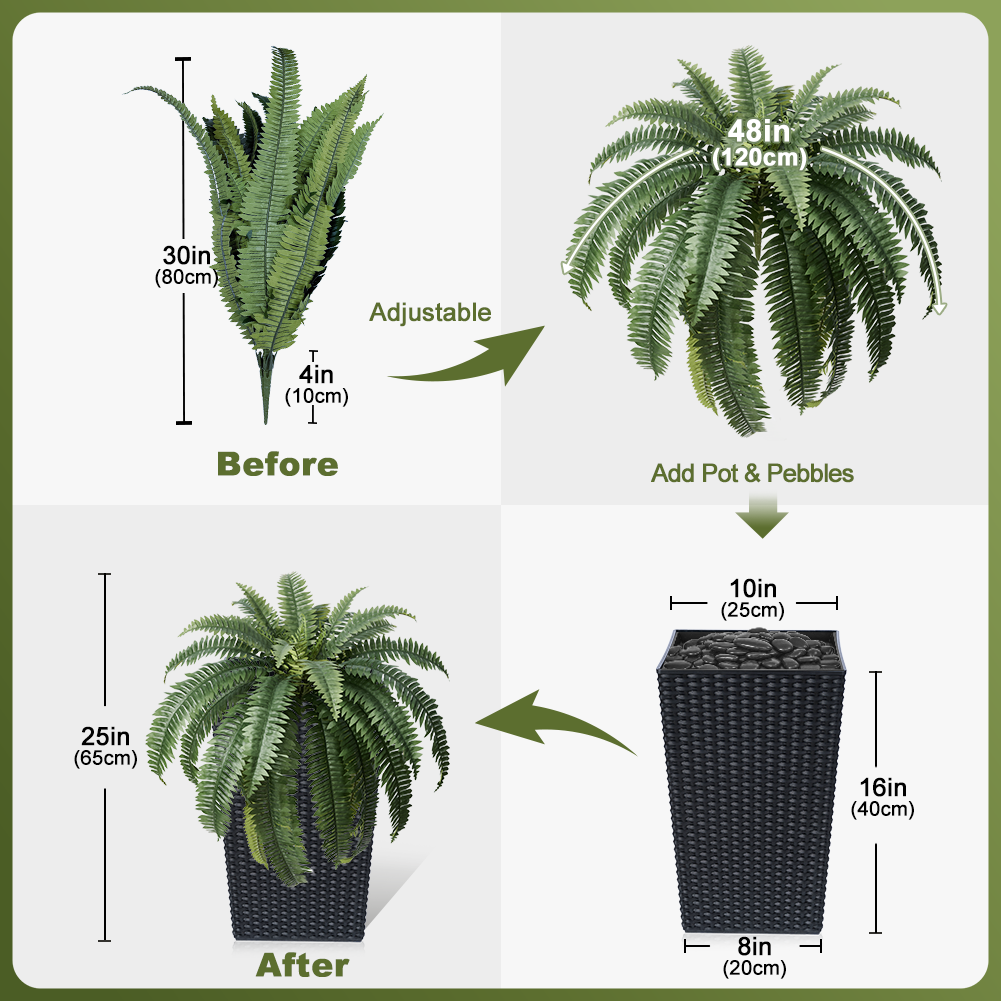 VeriNatural 33/39 Fronds Artificial Boston Fern Bush with Black Taper Planter for Indoor & Outdoor (1/2-Pack)(VN153)