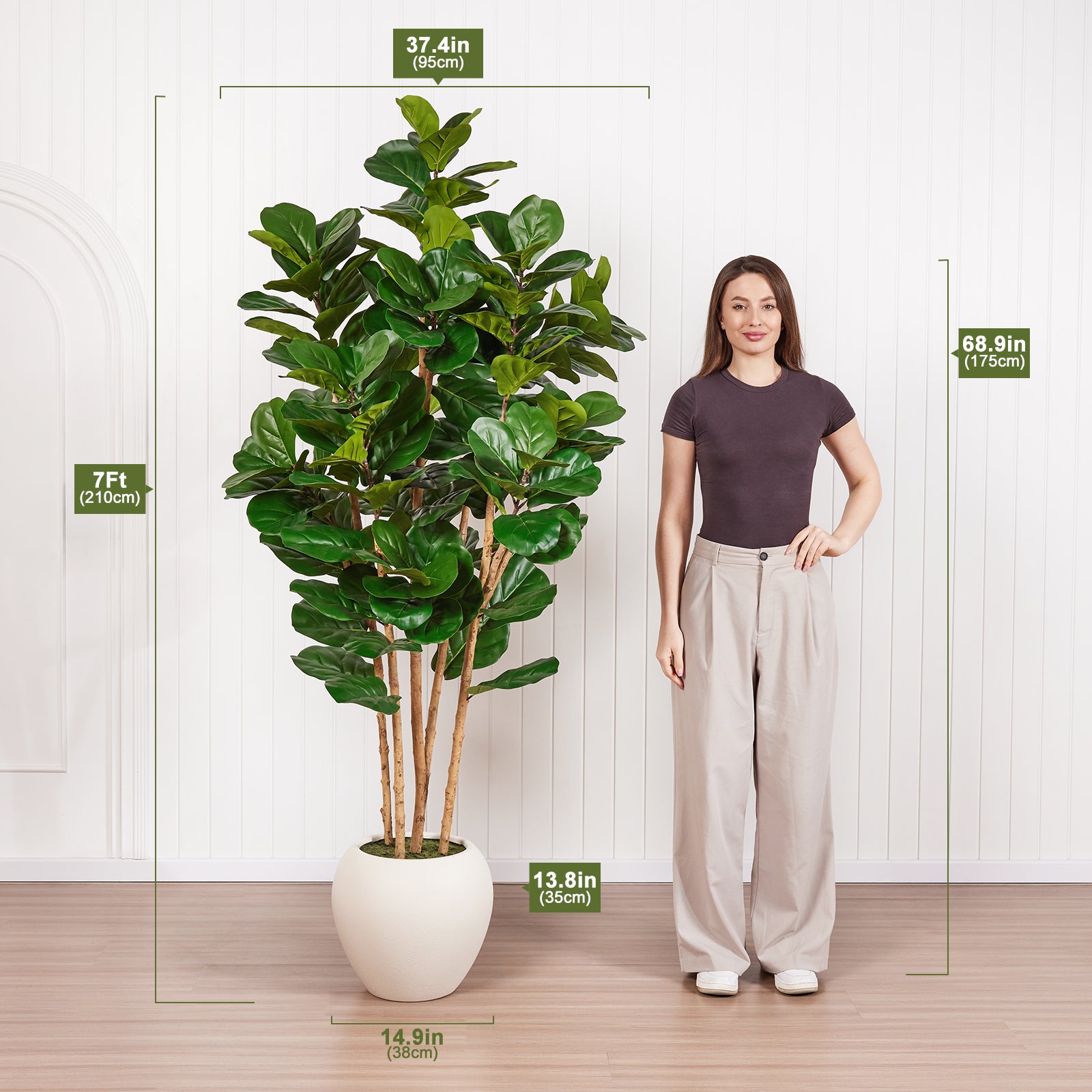VeriNatural 6/7/8FT Artificial Fiddle Leaf Fig Tree with White Planter – Tall Faux Tree with 4 Real Wood Trunks & Real Moss, Indoor Decorative Plant for Home, Living Room & Office Decor (VN244)