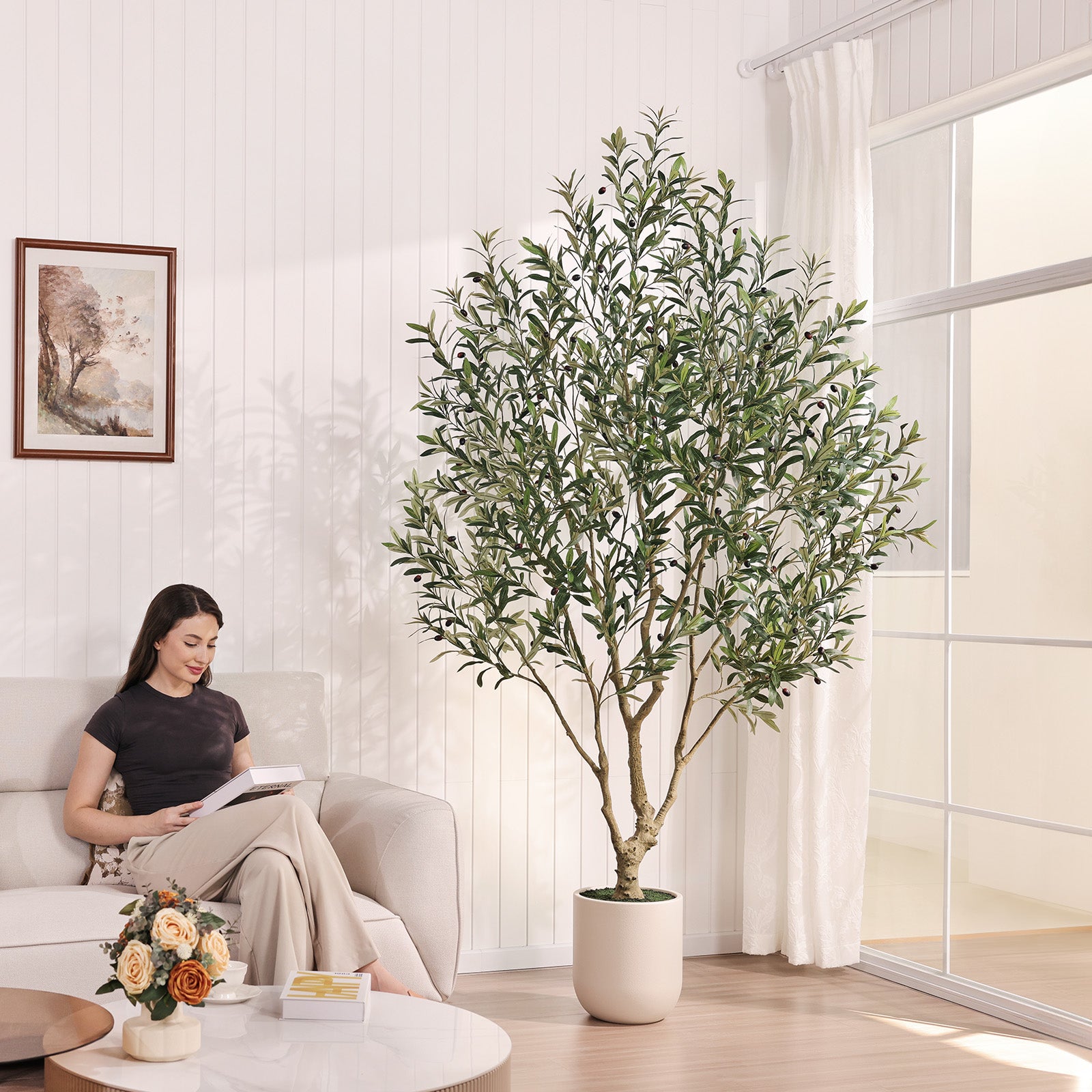 VeriNatural 8FT Artificial Olive Tree Lifelike Faux Plant with White Planter | No Maintenance Decor(VN224)