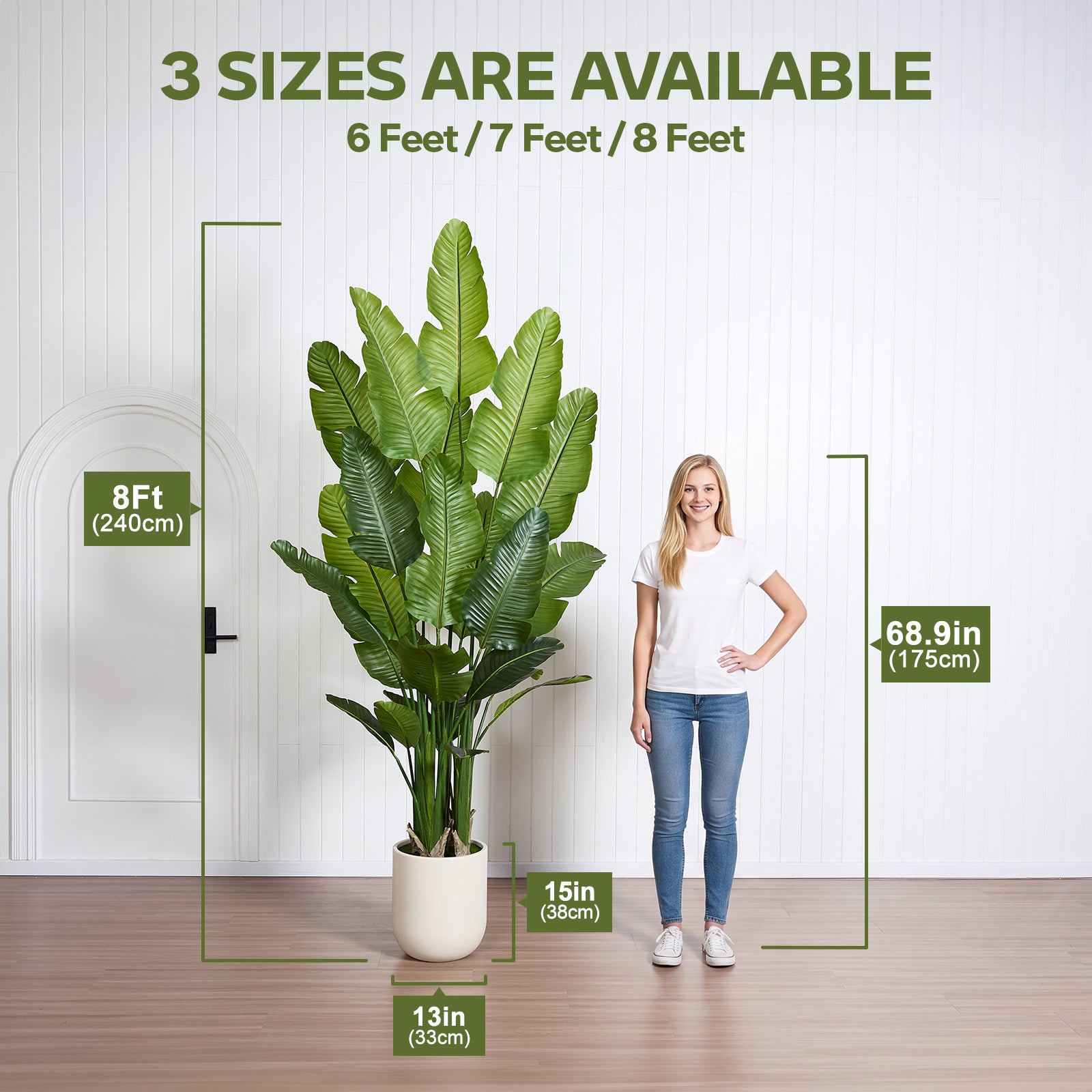VeriNatural 6/7/8FT Artificial Bird of Paradise Tree Indoor, Large Faux Tropical Palm Plant with Realistic Trunks & White Planter, Tall Fake Palm Tree for Living Room, Office & Home Decor (VN302)